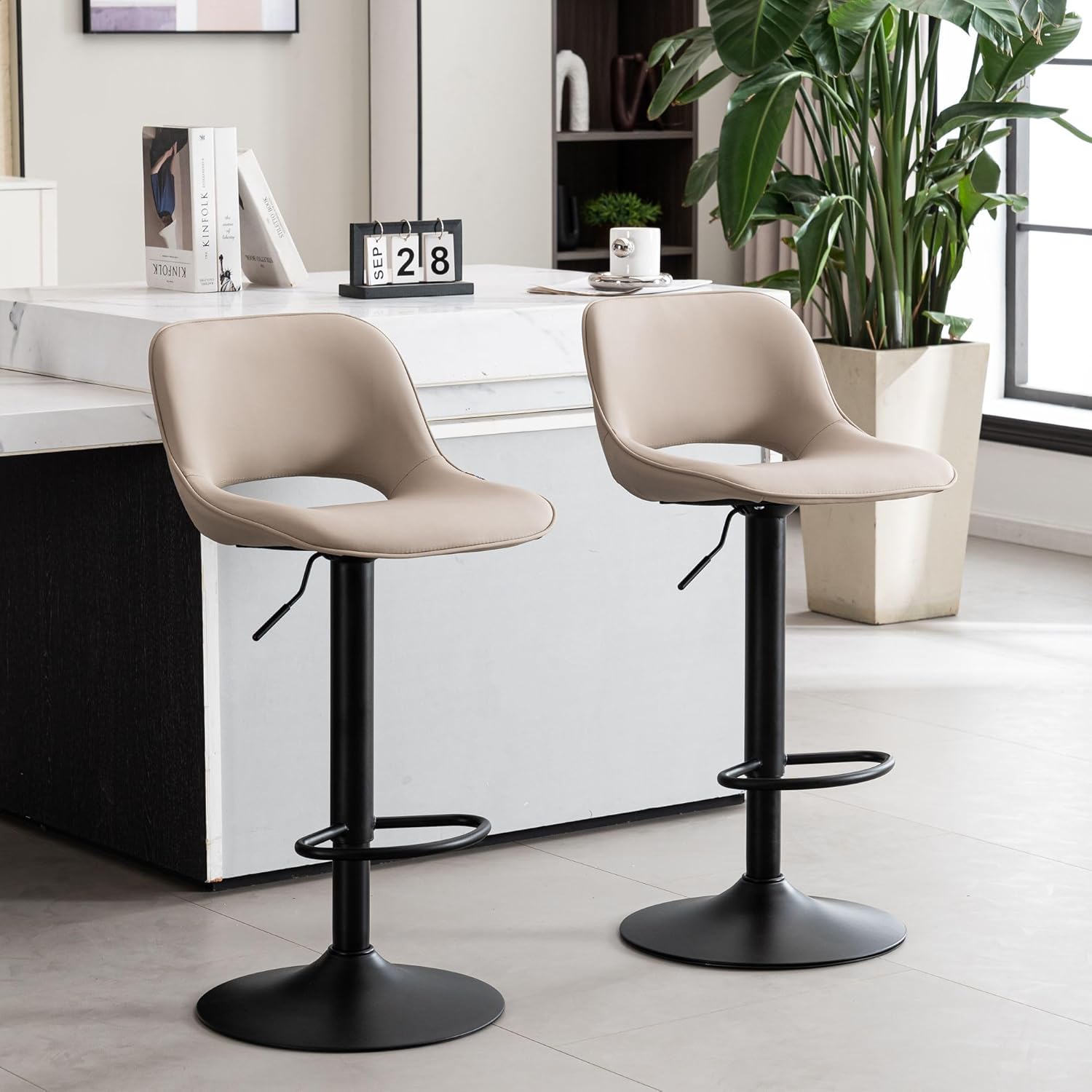YOUNIKE Bar Stools Set of 2 Modern Swivel Barstools, Adjustable Counter Height Bar Stools Faux Leather Upholstered Counter Stools with Hollow Back for Kitchen Island, Greyish Green