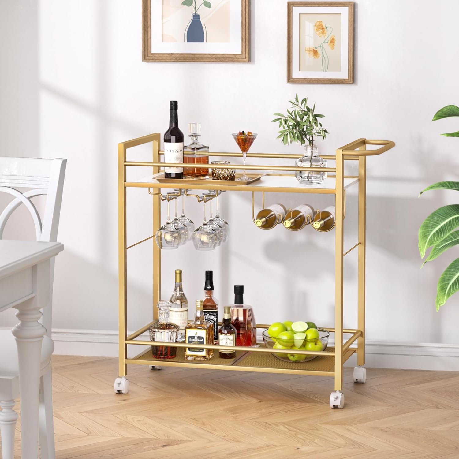 Bar Cart,Home Bar Serving Cart with Storage Shelves, 2 Tier Rolling Beverage Cart with Wheels, Modern Flowing Gold Wine Cart with Wine Rack and Glass Holder for Kitchen, Dinning Room,Living Room