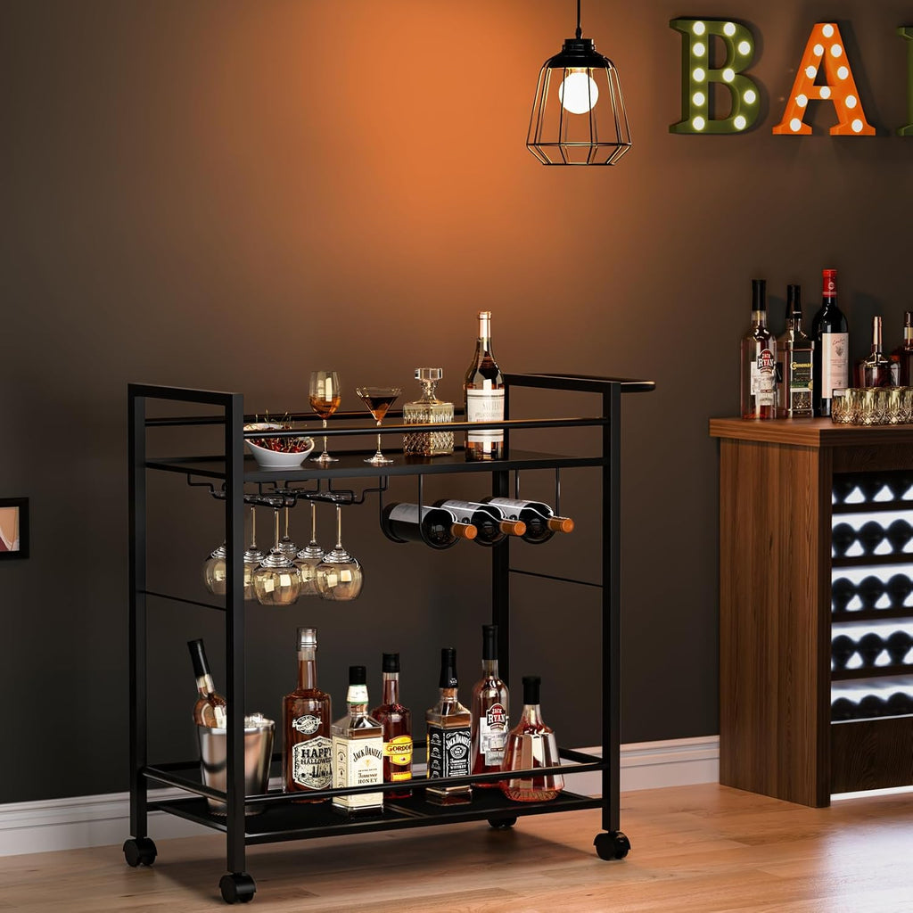 Bar Cart,Home Bar Serving Cart with Storage Shelves, 2 Tier Rolling Beverage Cart with Wheels, Modern Wine Cart with Wine Rack and Glass Holder for Kitchen, Living Room,Dinning Room,Black