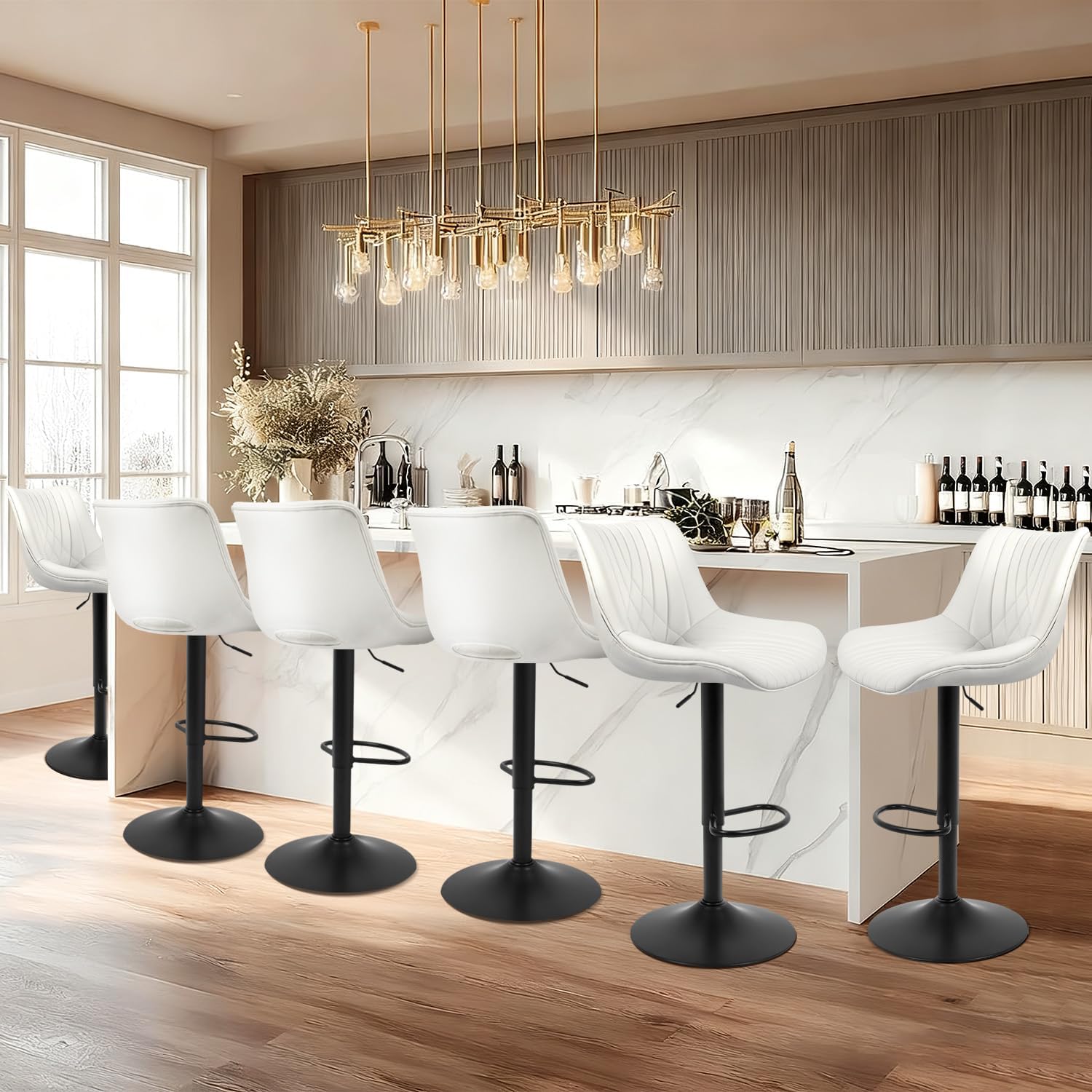 Bar Stools Set of 2, Adjustable Counter Height Bar Stools with Open Back and Footrest, Premium Faux PU Leather, Modern Upholstered Swivel Barstool for Kitchen Island, Bar,or Dining Room, Gray