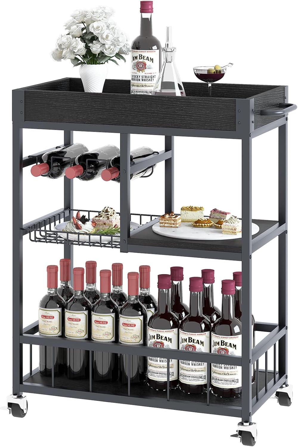 Bar Cart Serving Wine 3 Tier Home Rolling Rack with Wheels Mobile Kitchen Industrial Vintage Style Wood Metal Serving Trolley Serving Cart,Glass Holder Bar Cabinet