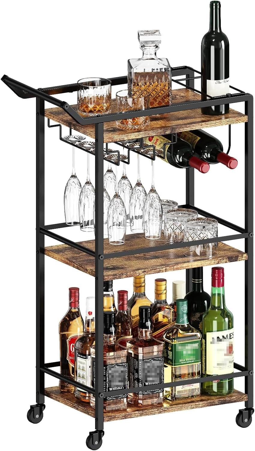 3 Tier Bar Cart, Mini Liquor Utility Cart for Wine Beverage Dinner Party, Rolling Wine Coffee Drink Serving Cart with Lockable Wheels for Home Kitchen Bars (Rustic Brown)