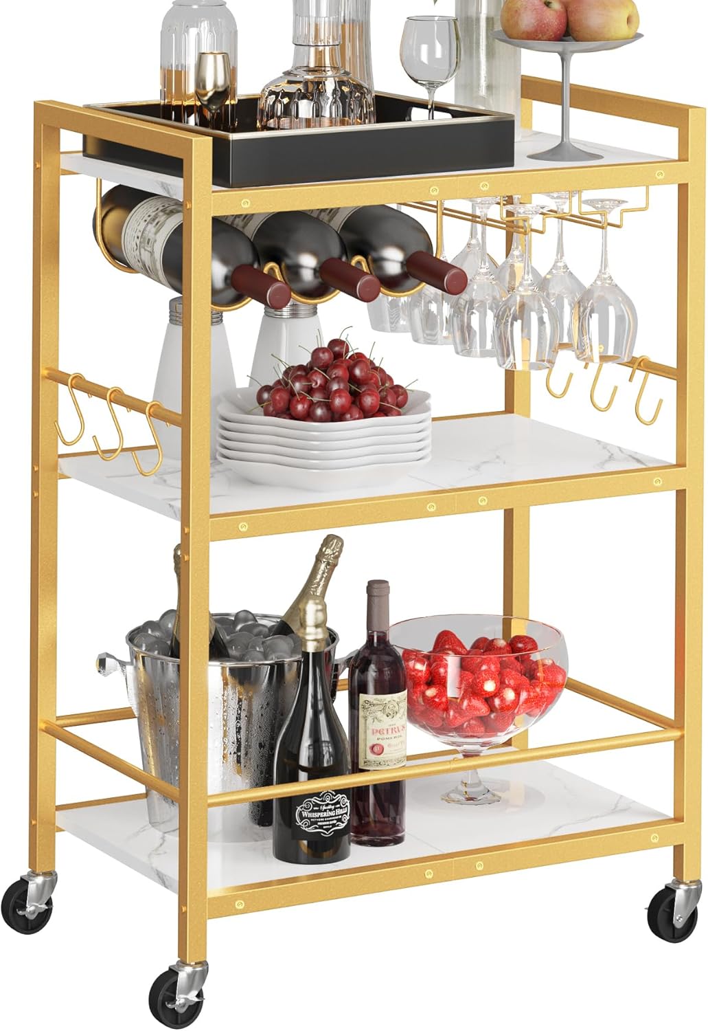 TUTOTAK Bar Cart, Serving Cart for Home, Microwave Cart, Drink Cart, Mobile Kitchen Shelf with Wine Rack and Glass Holder, Rolling Beverage Cart BC01BB030