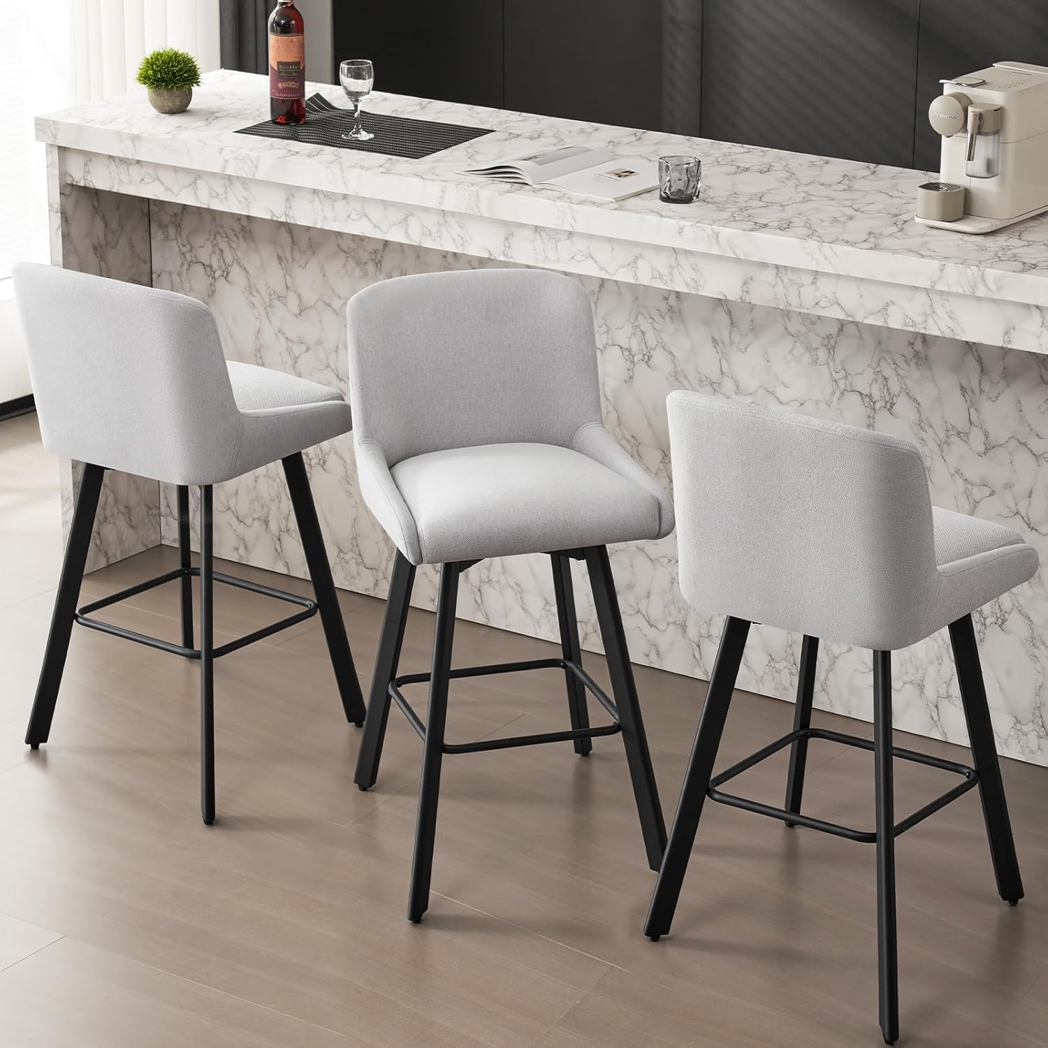 Swivel Bar Stools Set of 2, 26''H Upholstered Barstools with Backs, Modern Counter Height Bar Stool Chairs for Kitchen Island, Metal Legs, Fabric, Gray Counter Stools