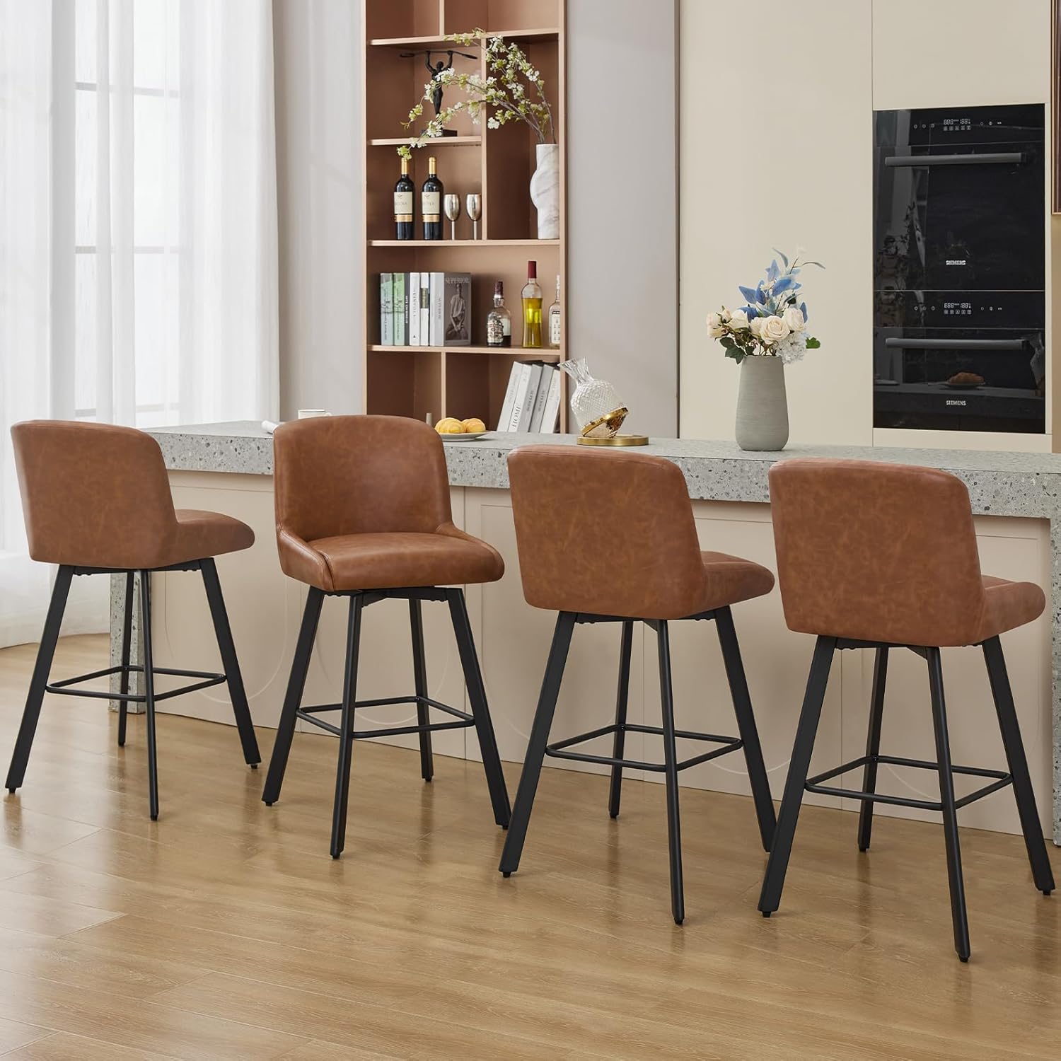 Swivel Bar Stools Set of 2, 26''H Upholstered Barstools with Backs, Modern Counter Height Bar Stool Chairs for Kitchen Island, Metal Legs, Fabric, Gray Counter Stools