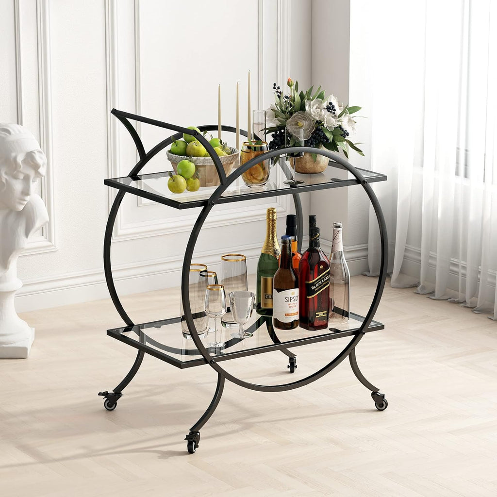 Black Metal Bar Carts with 3 Tier Glass Shelves, Rolling Serving Bar Cart with Wine Rack and Glass Holder, Industrial Bar Carts & Wine Carts on Wheels for Kitchen, Indoor & Outdoor