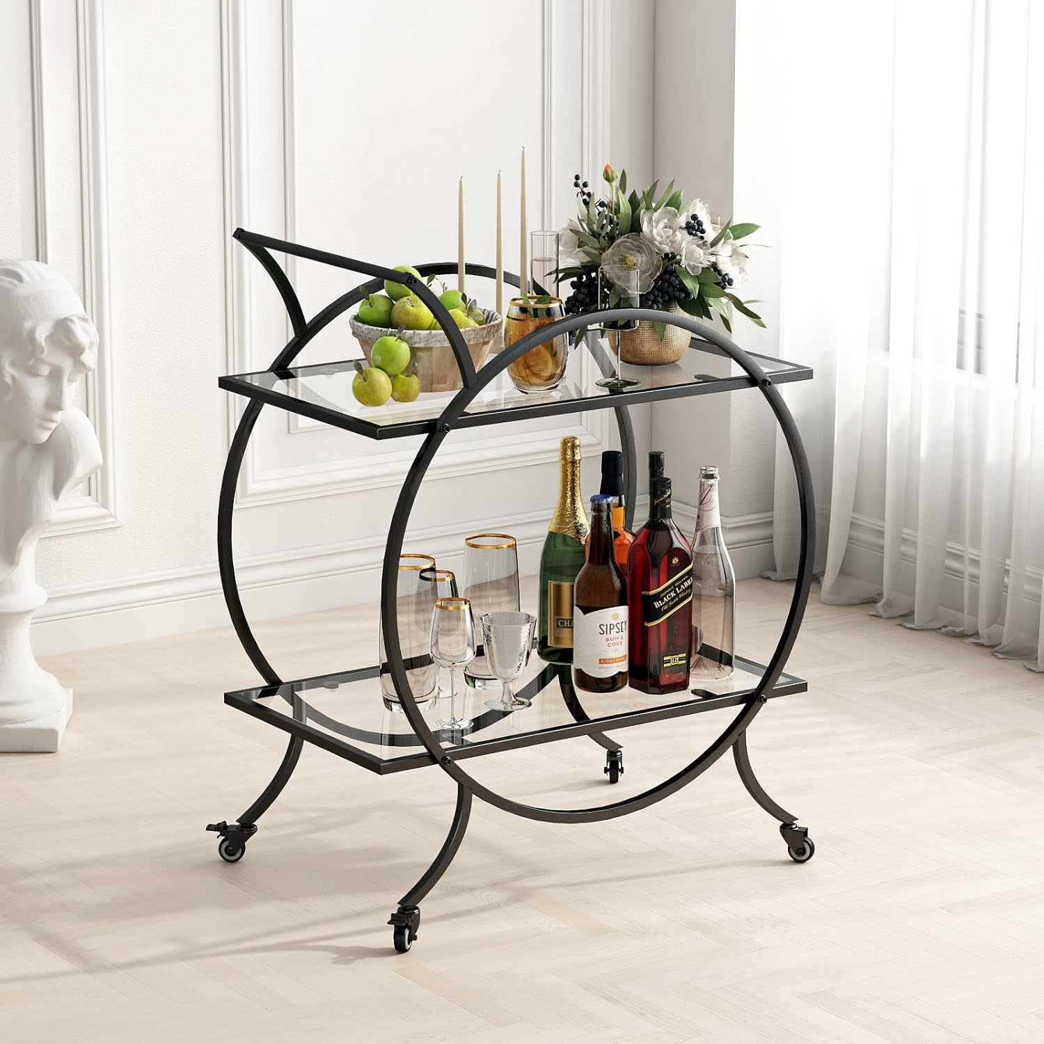 Black Metal Bar Carts with 3 Tier Glass Shelves, Rolling Serving Bar Cart with Wine Rack and Glass Holder, Industrial Bar Carts & Wine Carts on Wheels for Kitchen, Indoor & Outdoor