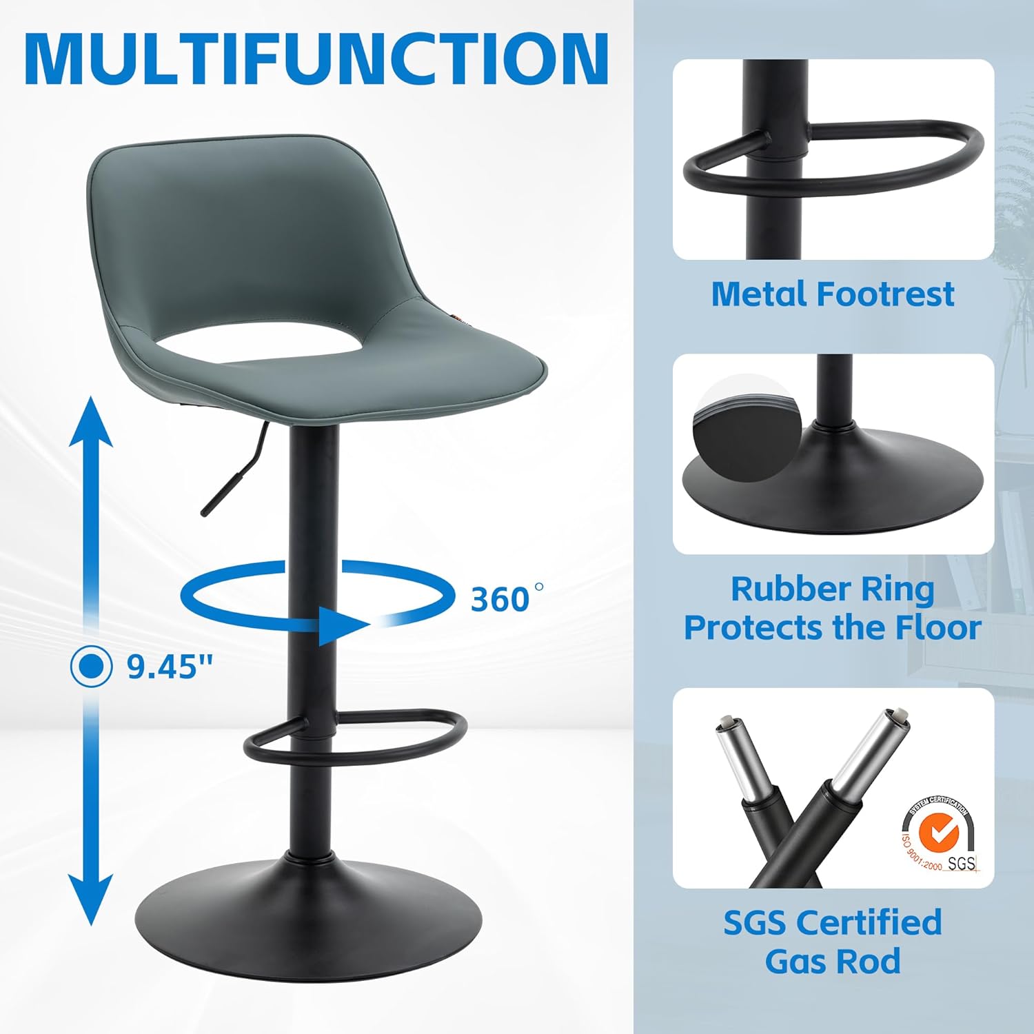 YOUNIKE Bar Stools Set of 2 Modern Swivel Barstools, Adjustable Counter Height Bar Stools Faux Leather Upholstered Counter Stools with Hollow Back for Kitchen Island, Greyish Green