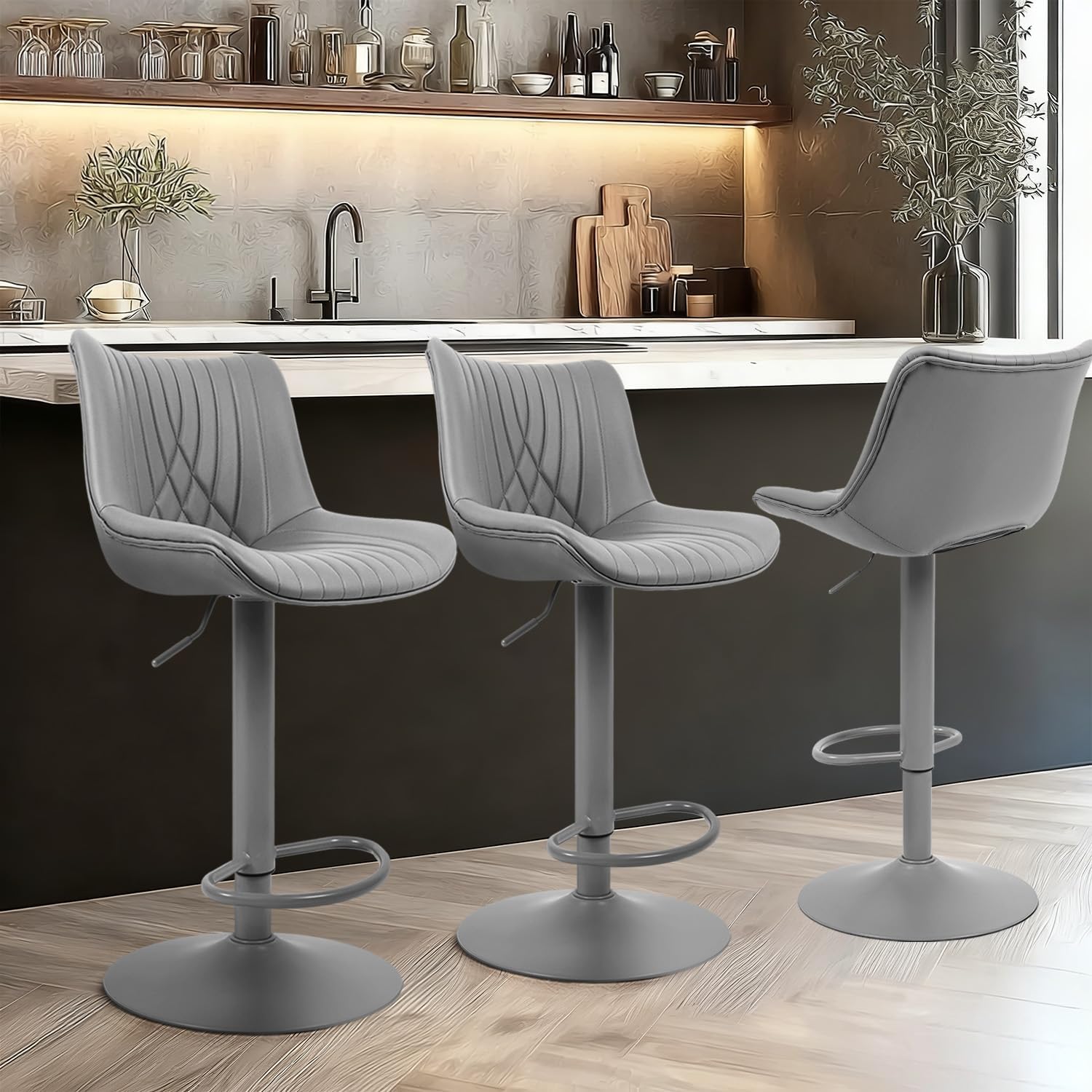 Bar Stools Set of 2, Adjustable Counter Height Bar Stools with Open Back and Footrest, Premium Faux PU Leather, Modern Upholstered Swivel Barstool for Kitchen Island, Bar,or Dining Room, Gray