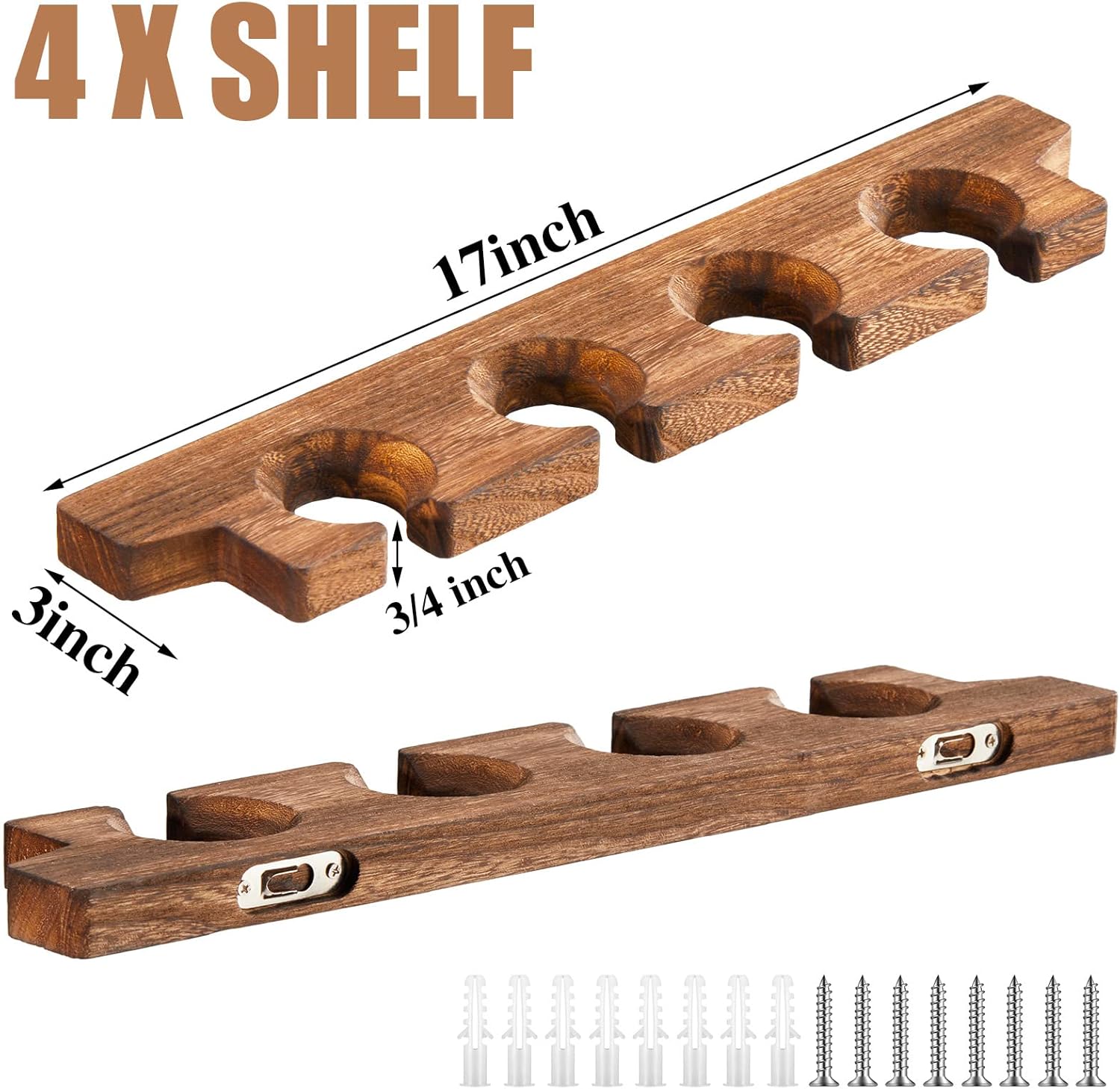 Ripeng 4 Pcs Wall Mounted Wood Stemware Rack Champagne Holder Rustic Wine Glass Hanging Shelf Wood Floating Glassware Wall Holder for Party Kitchen Bar Organizer 17 x 3 x 0. 8 Inch (Dark Brown)