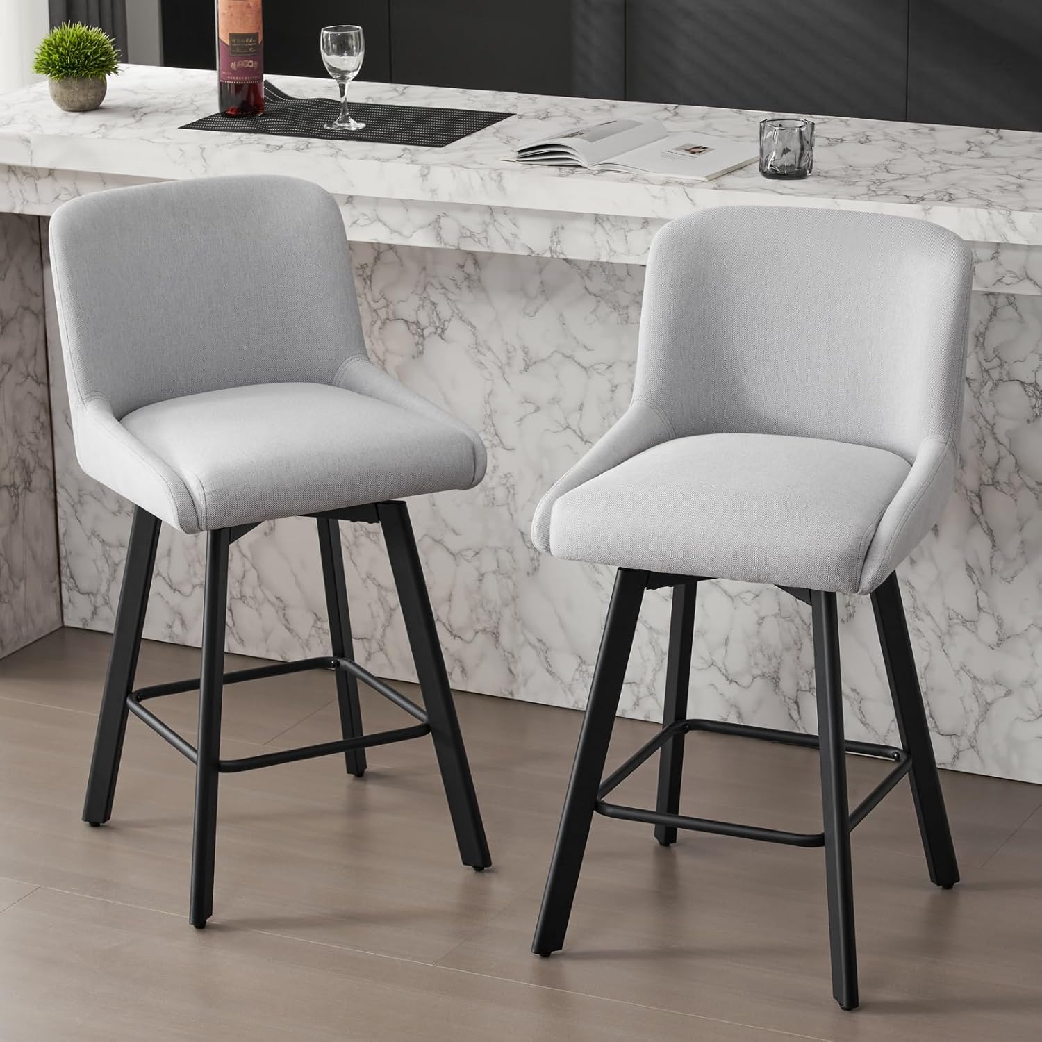 Swivel Bar Stools Set of 2, 26''H Upholstered Barstools with Backs, Modern Counter Height Bar Stool Chairs for Kitchen Island, Metal Legs, Fabric, Gray Counter Stools