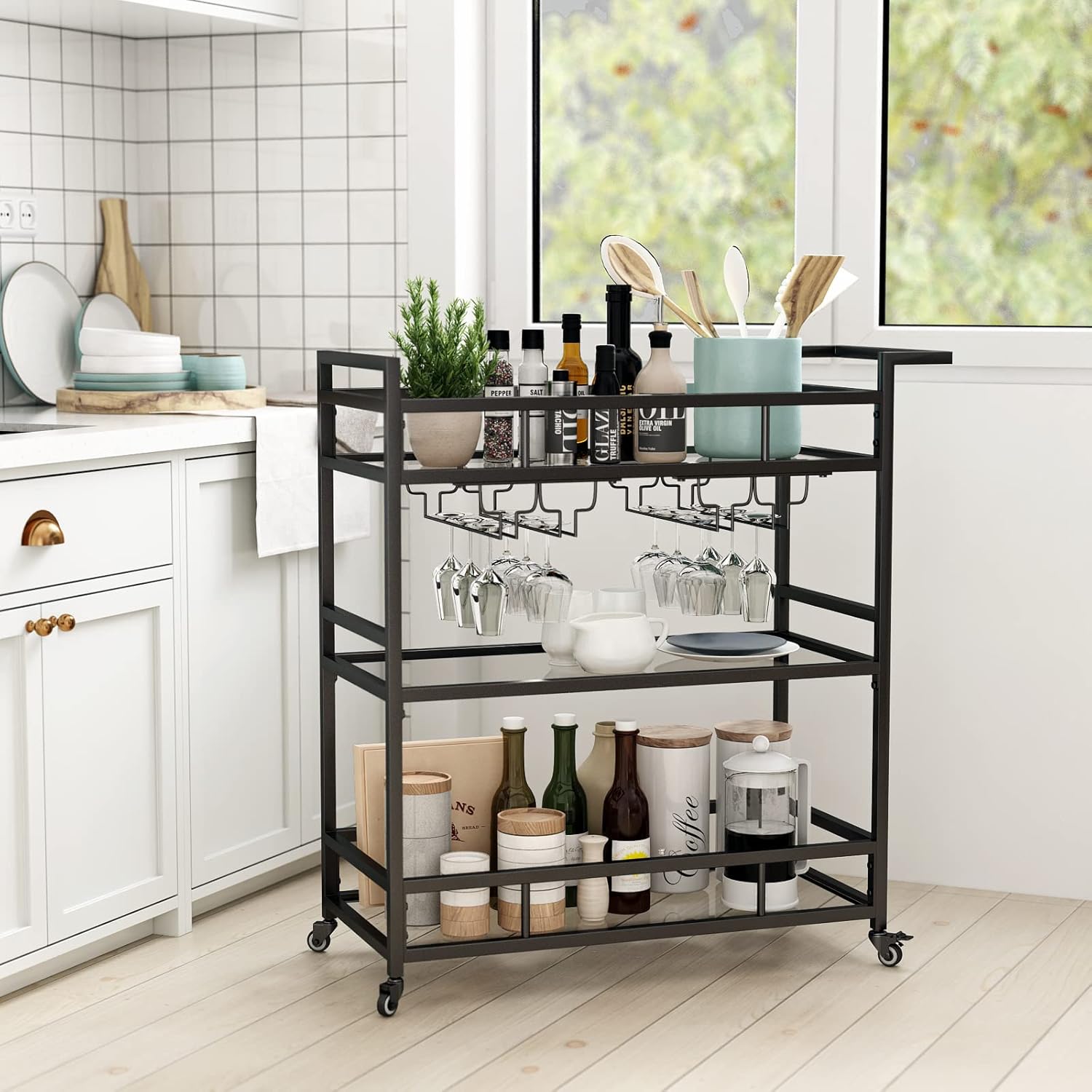 Black Metal Bar Carts with 3 Tier Glass Shelves, Rolling Serving Bar Cart with Wine Rack and Glass Holder, Industrial Bar Carts & Wine Carts on Wheels for Kitchen, Indoor & Outdoor