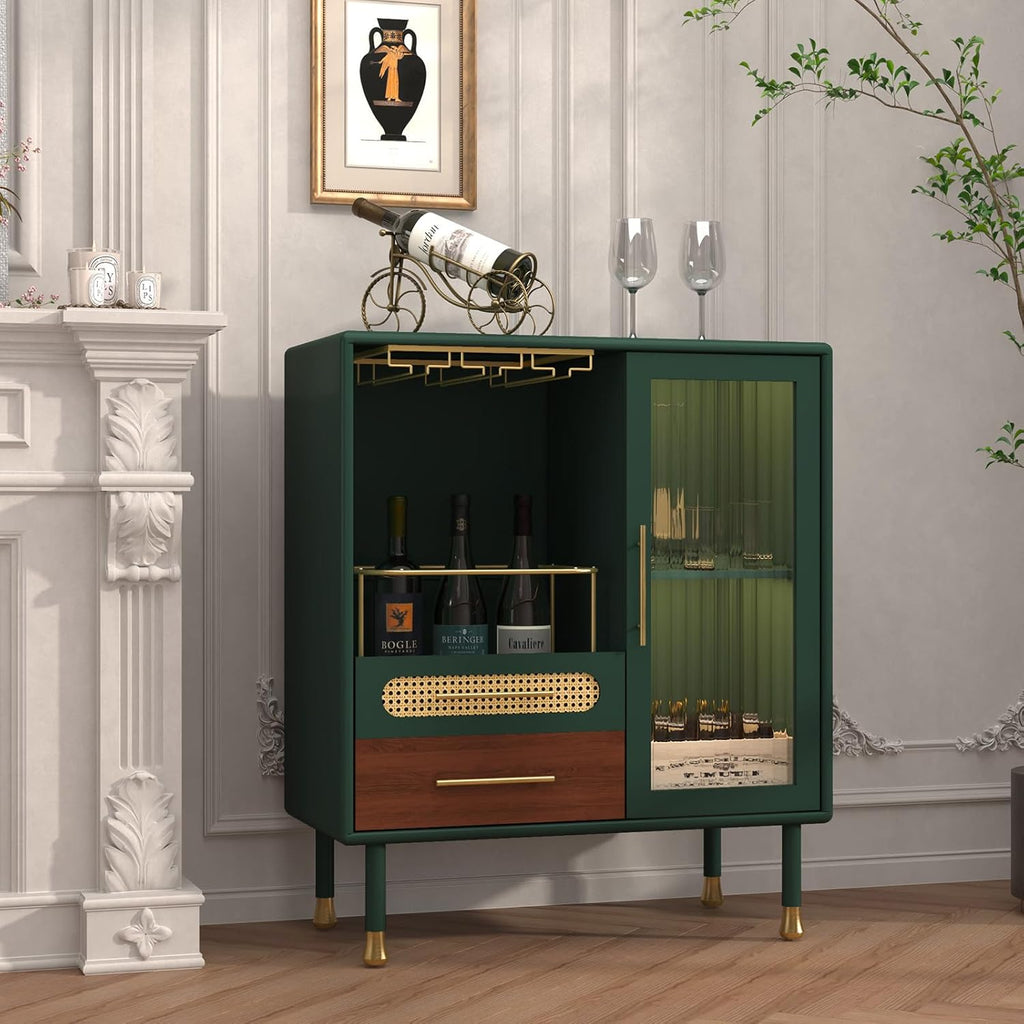 ARTPOWER Modern Coffee Bar Cabinet with Wine Glass Rack and Drawers, Green Liquor Cabinet with Pull-Out Wine Storage for Kitchen, Dining Room, Living Room | Wine Glass Rack, Drawers