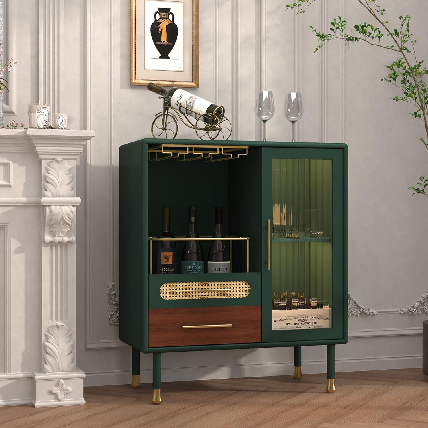 ARTPOWER Modern Coffee Bar Cabinet with Wine Glass Rack and Drawers, Green Liquor Cabinet with Pull-Out Wine Storage for Kitchen, Dining Room, Living Room | Wine Glass Rack, Drawers