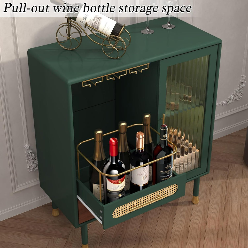 ARTPOWER Modern Coffee Bar Cabinet with Wine Glass Rack and Drawers, Green Liquor Cabinet with Pull-Out Wine Storage for Kitchen, Dining Room, Living Room | Wine Glass Rack, Drawers