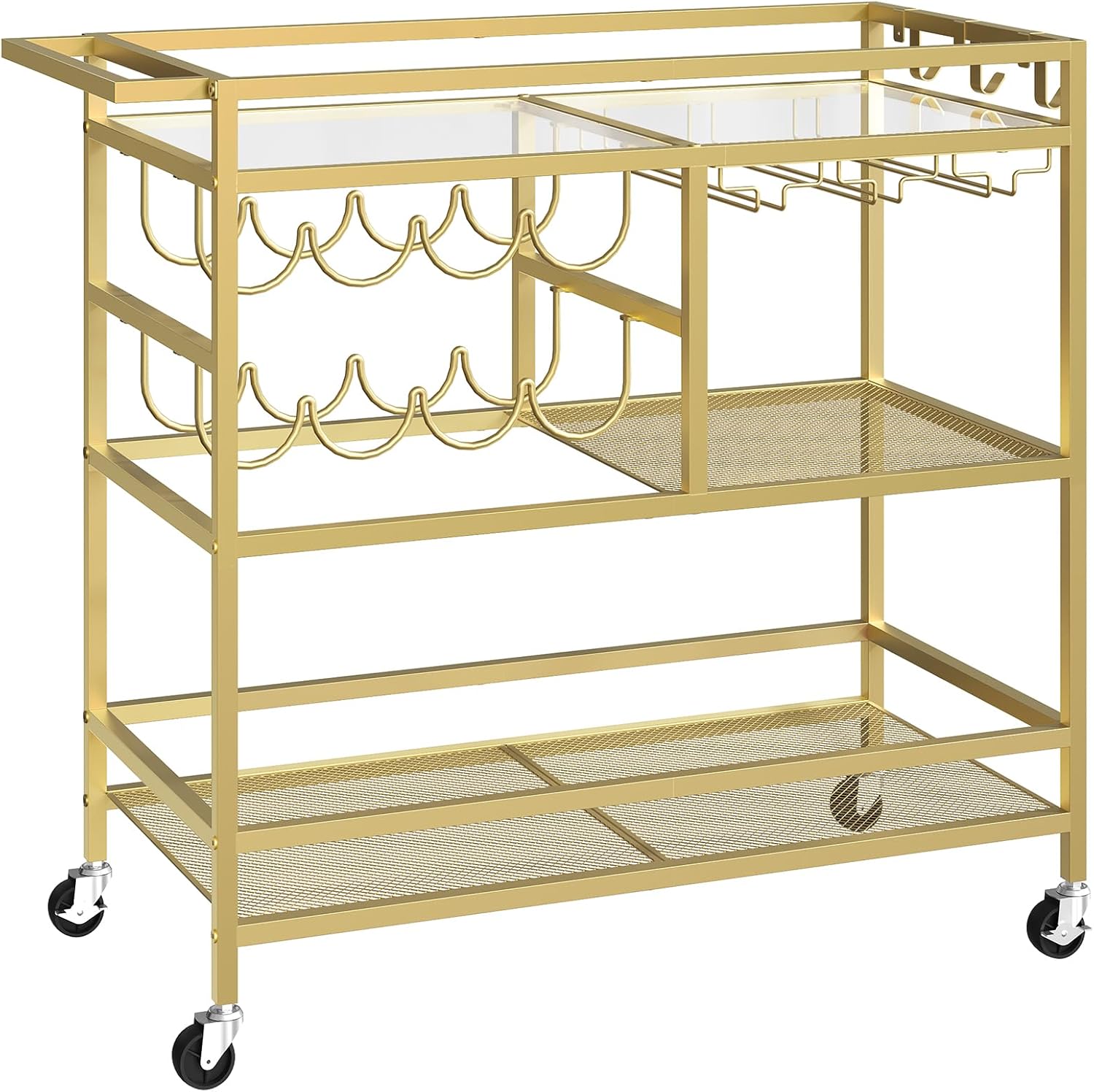 Bar Cart for Home, 3-Tier Serving Cart with Wheels and Handle, Beverage Cart with Wine Rack and Glass Holders, Rolling Wine Cart for Kitchen, Dining Room, Gold RCJ61B01