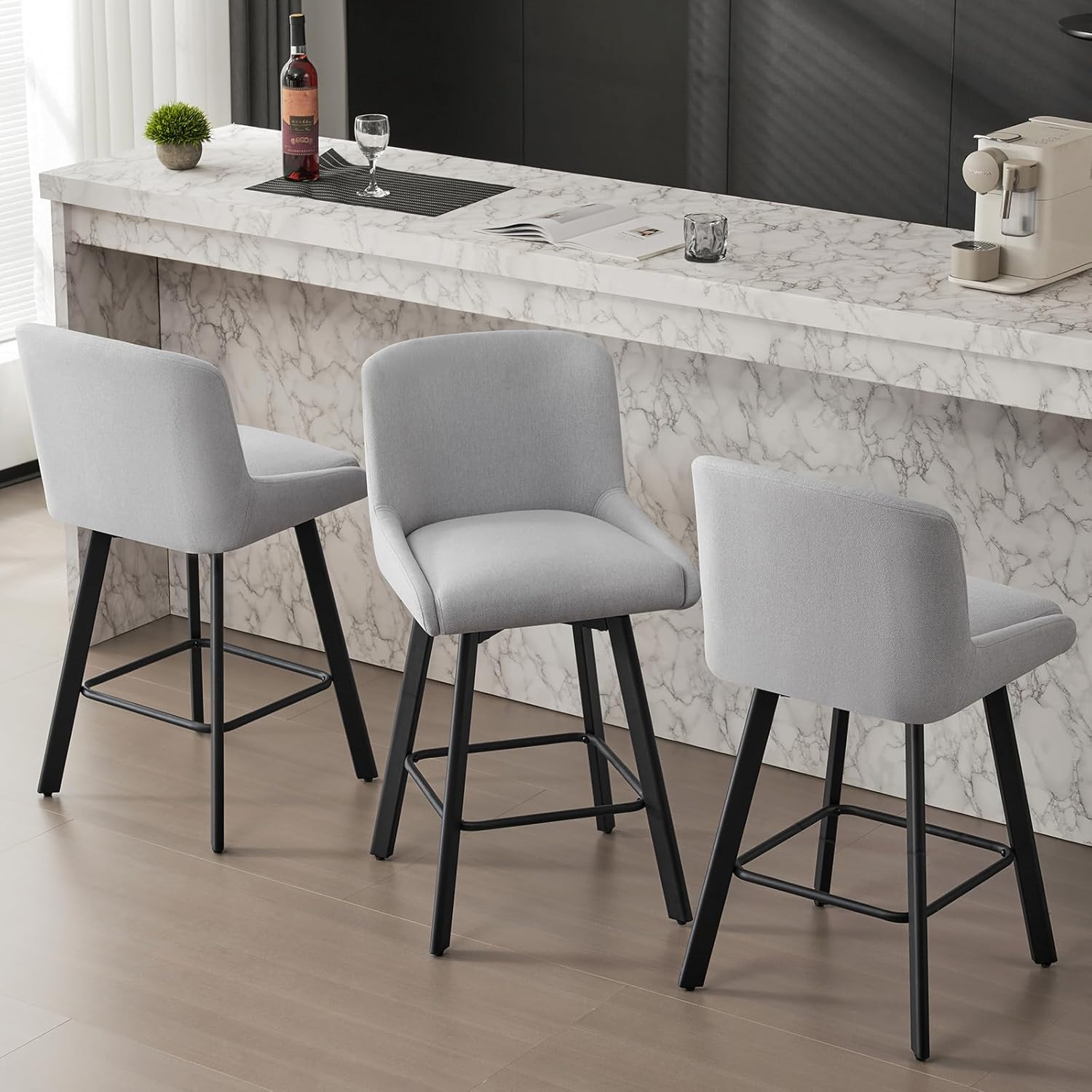 Swivel Bar Stools Set of 2, 26''H Upholstered Barstools with Backs, Modern Counter Height Bar Stool Chairs for Kitchen Island, Metal Legs, Fabric, Gray Counter Stools