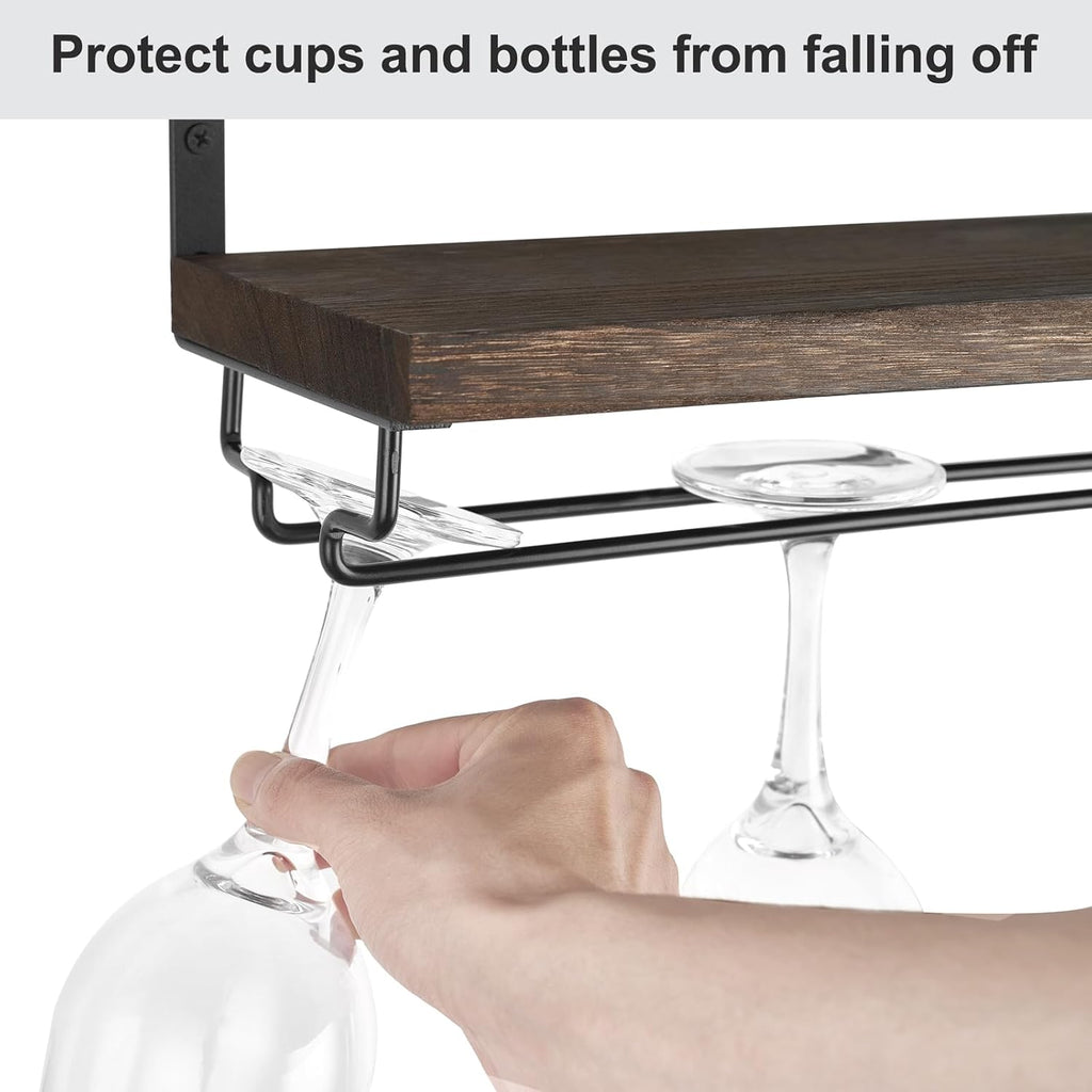 Mkono Wall Mounted Wine Rack Set of 2 Wood Rustic Wine Bottle Glass Floating Shelves with Stemware Hanger Modern Plants Photos Wine Display Storage Holder for Kitchen Dining Room Bar, 17 Inch