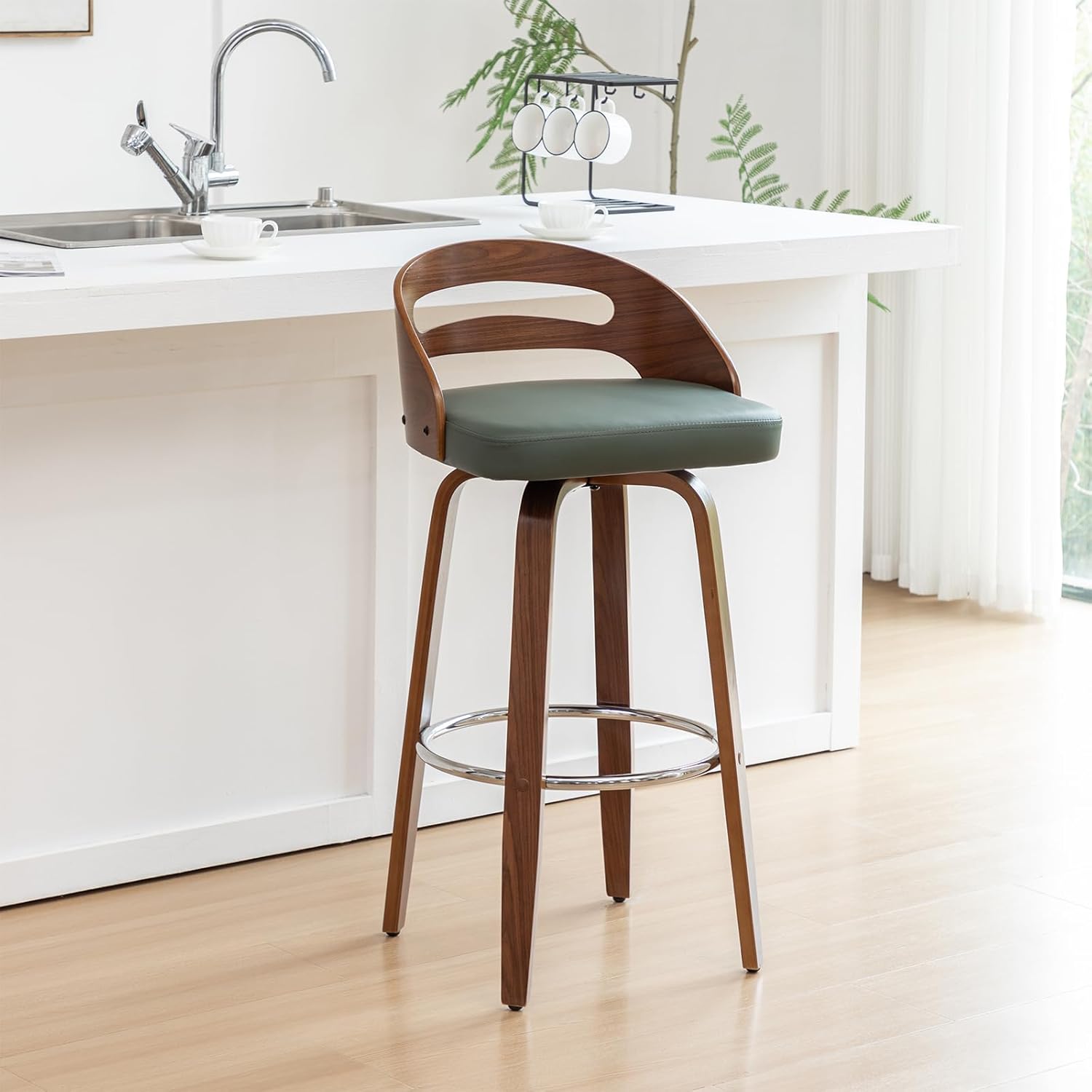 Counter Stools Set of 2, Counter Height Bar Stools with Walnut Crafts, Bentwood Curved Back, Upholstered Faux Leather, Soft Cushion Seat, Swivel Counter Chairs for Island/Pub (Green, 26" Seat Height)