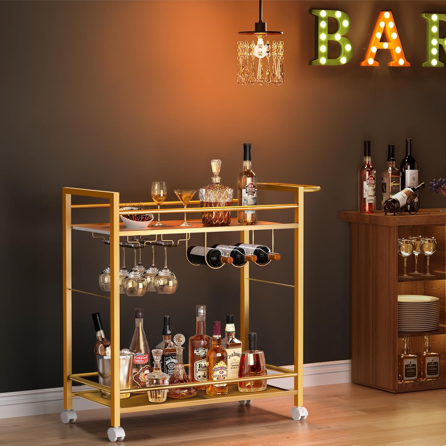 Bar Cart,Home Bar Serving Cart with Storage Shelves, 2 Tier Rolling Beverage Cart with Wheels, Modern Flowing Gold Wine Cart with Wine Rack and Glass Holder for Kitchen, Dinning Room,Living Room