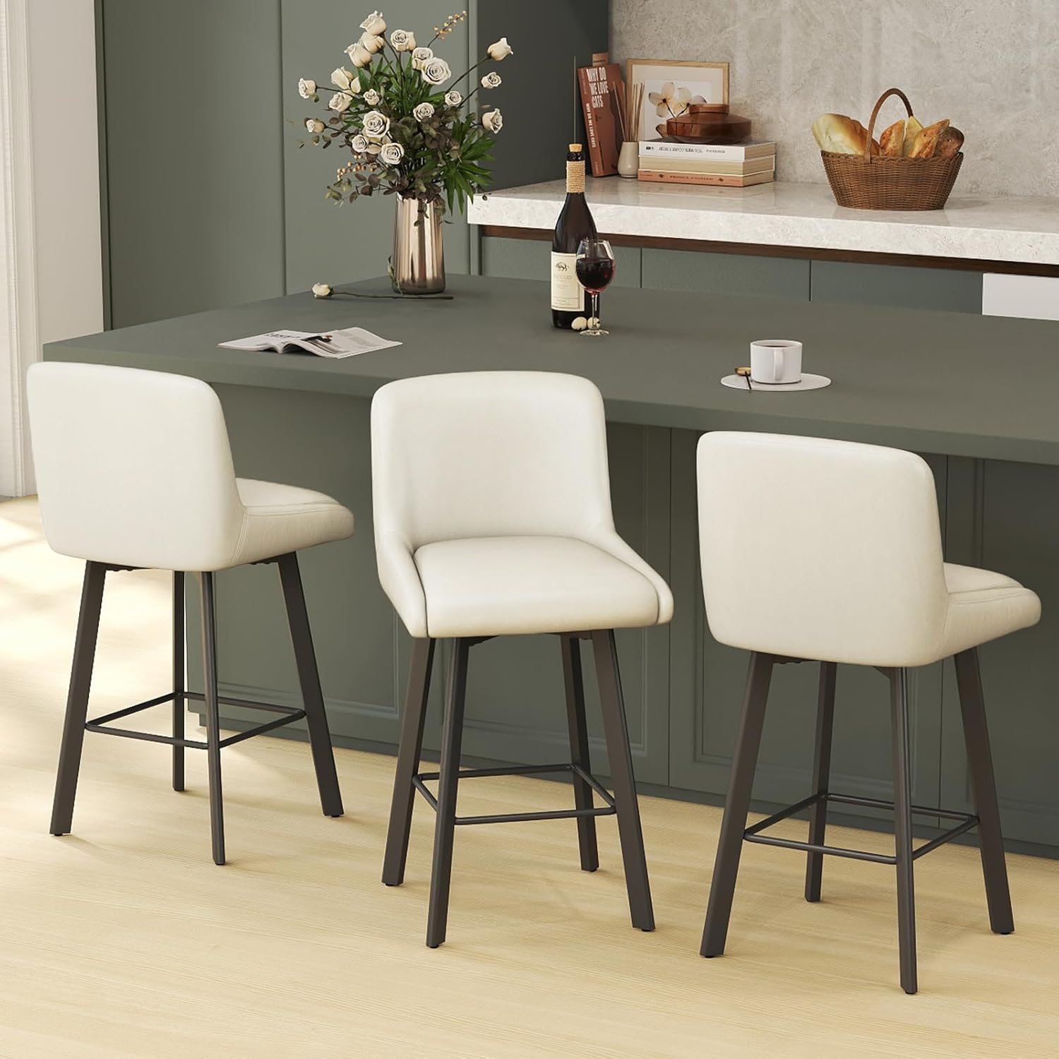 Swivel Bar Stools Set of 2, 26''H Upholstered Barstools with Backs, Modern Counter Height Bar Stool Chairs for Kitchen Island, Metal Legs, Fabric, Gray Counter Stools