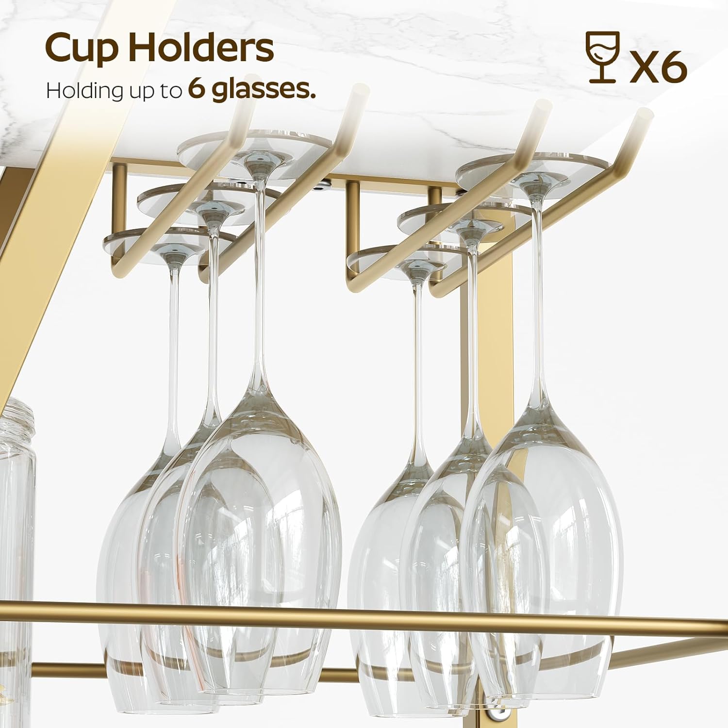 Bar Cart, Gold Bar Cart for The Home, Small Bar Cart on Wheels, Beverage Cart, Home Bar Serving Cart with Glass Holder, Drink Cart for Bar, Kitchen, Marble White and Gold BC03DW