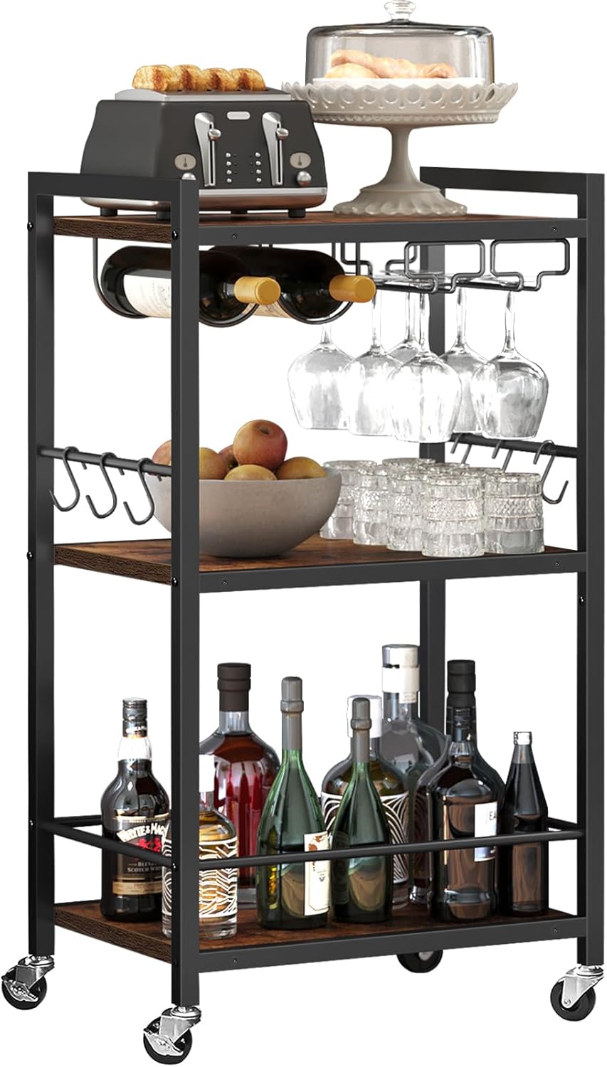 TUTOTAK Bar Cart, Serving Cart for Home, Microwave Cart, Drink Cart, Mobile Kitchen Shelf with Wine Rack and Glass Holder, Rolling Beverage Cart BC01BB030