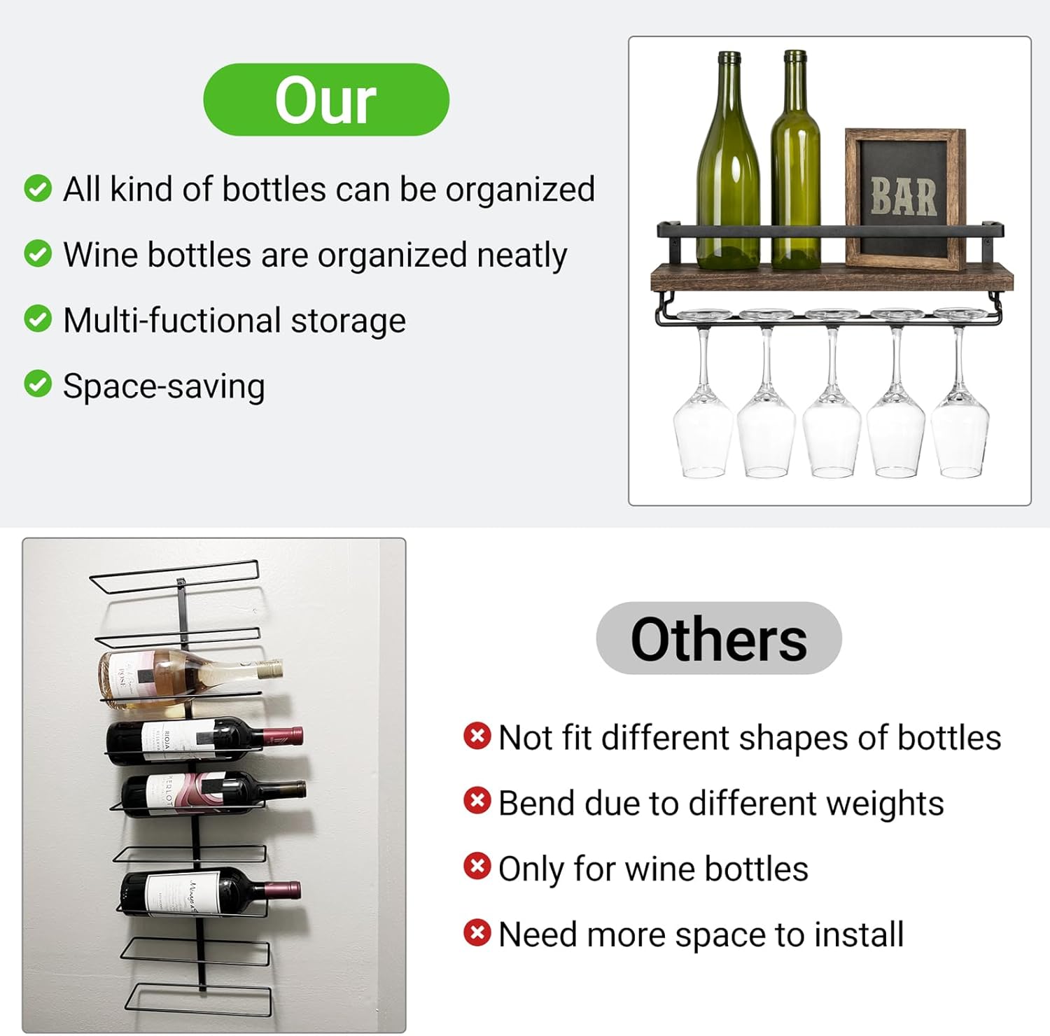 Mkono Wall Mounted Wine Rack Set of 2 Wood Rustic Wine Bottle Glass Floating Shelves with Stemware Hanger Modern Plants Photos Wine Display Storage Holder for Kitchen Dining Room Bar, 17 Inch