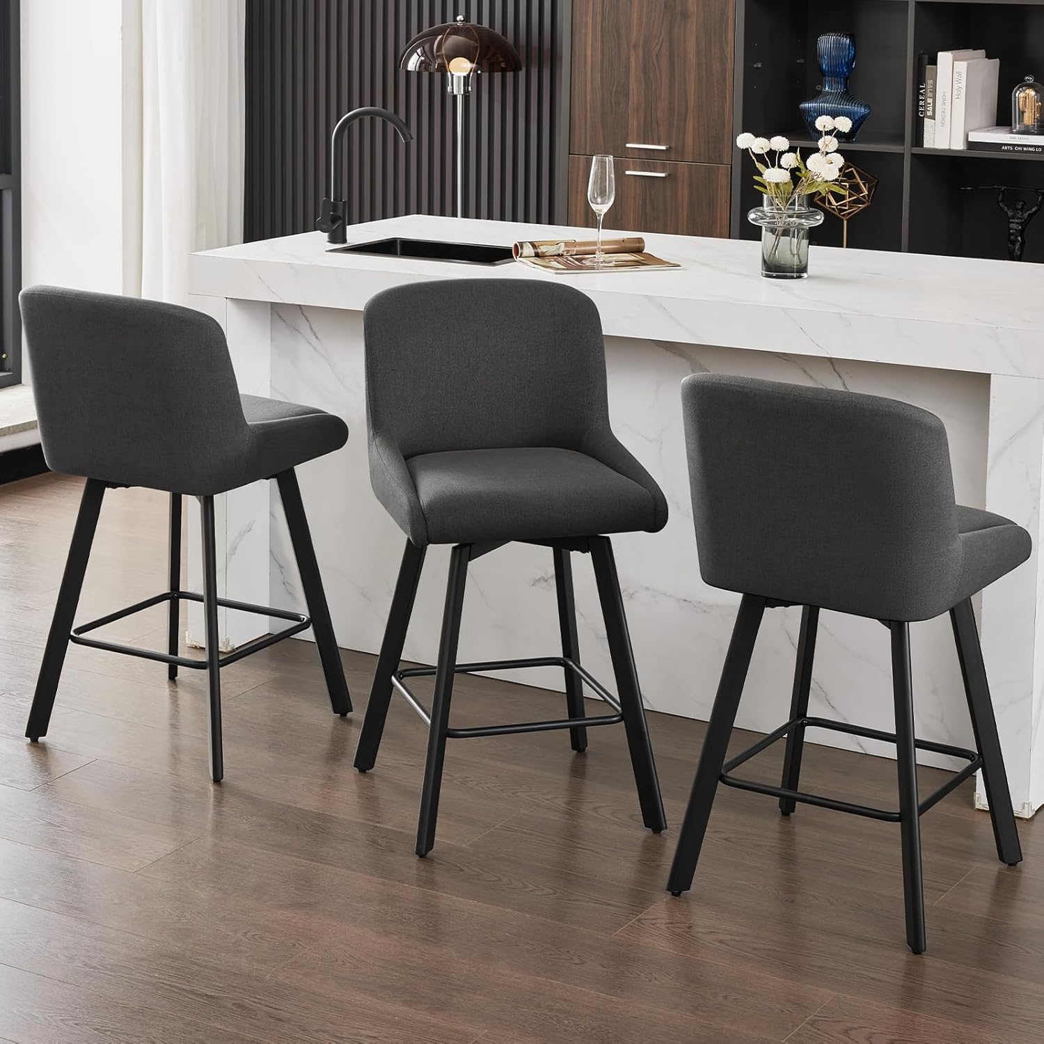 Swivel Bar Stools Set of 2, 26''H Upholstered Barstools with Backs, Modern Counter Height Bar Stool Chairs for Kitchen Island, Metal Legs, Fabric, Gray Counter Stools