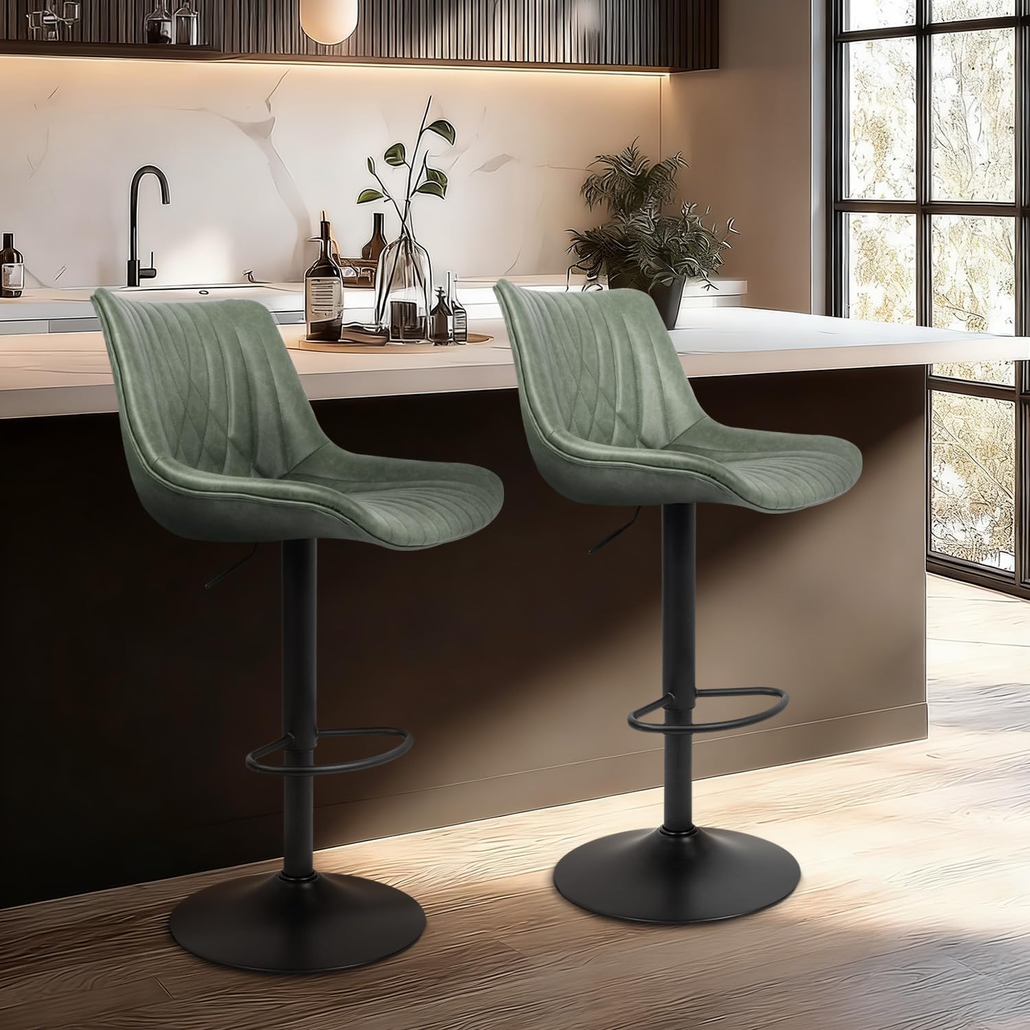 Bar Stools Set of 2, Adjustable Counter Height Bar Stools with Open Back and Footrest, Premium Faux PU Leather, Modern Upholstered Swivel Barstool for Kitchen Island, Bar,or Dining Room, Gray