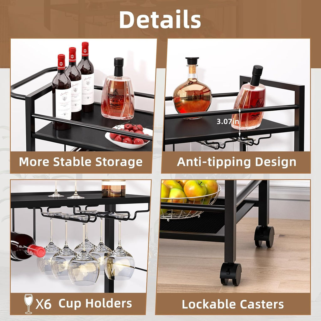 Bar Cart,Home Bar Serving Cart with Storage Shelves, 2 Tier Rolling Beverage Cart with Wheels, Modern Wine Cart with Wine Rack and Glass Holder for Kitchen, Living Room,Dinning Room,Black