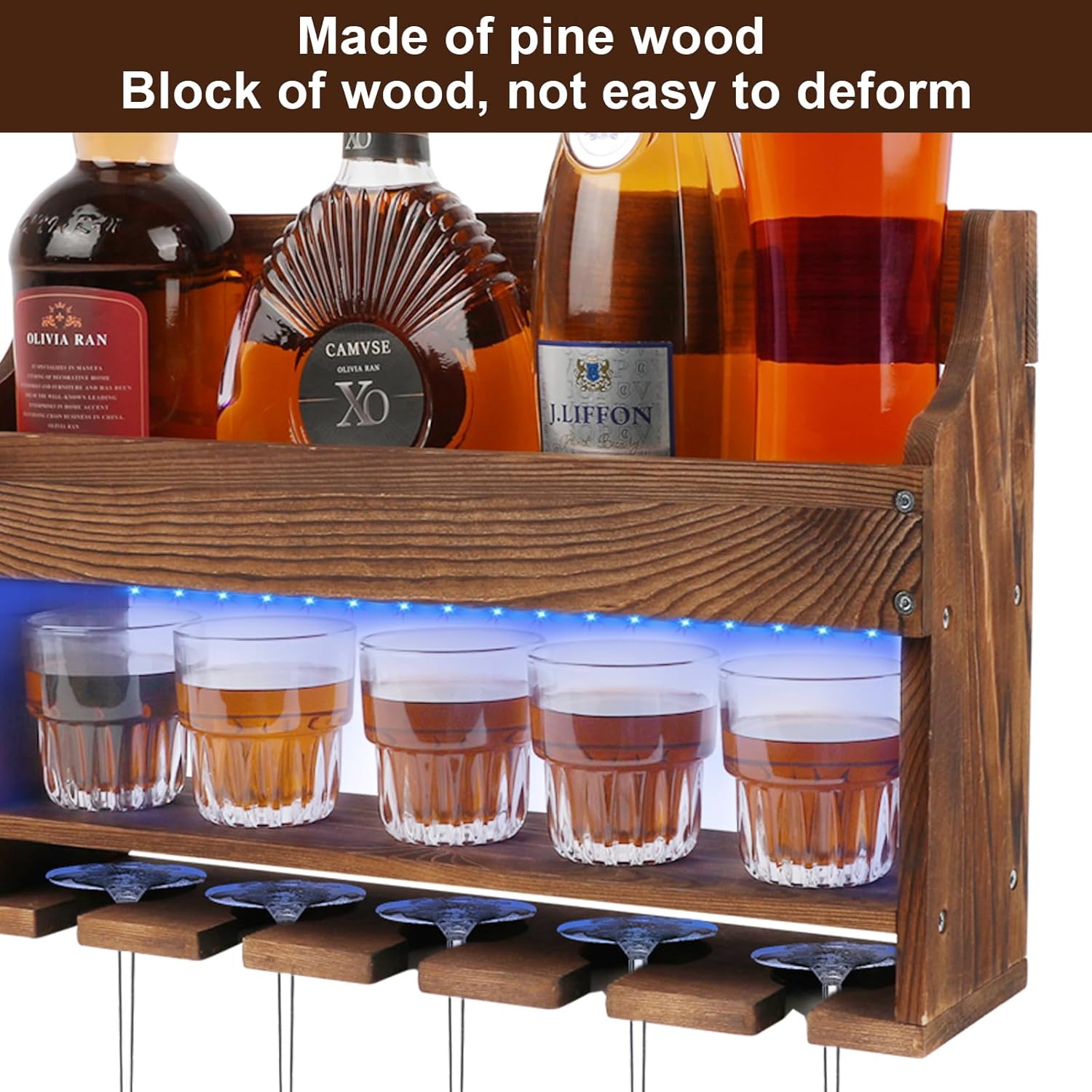 2 Pack Wooden Wine Rack Wall Mounted with LED Light, Wall Wine Rack, Bar Liquor Shelf, Wine Glass Holder Wall Mounted, Floating Bar Shelves for Kitchen, Dining Room, Home Bar