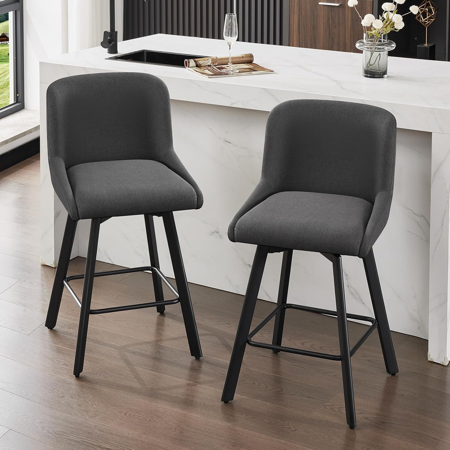 Swivel Bar Stools Set of 2, 26''H Upholstered Barstools with Backs, Modern Counter Height Bar Stool Chairs for Kitchen Island, Metal Legs, Fabric, Gray Counter Stools