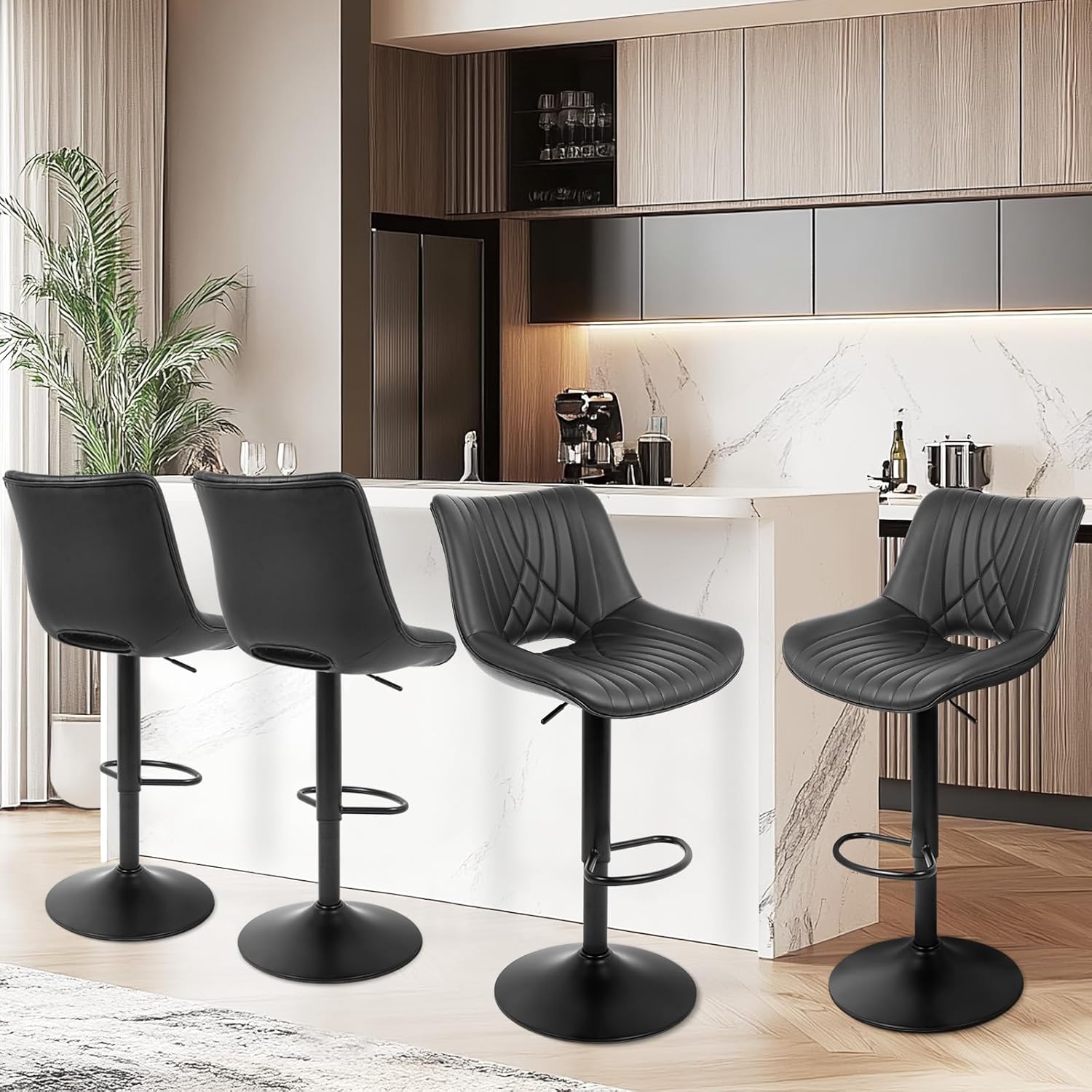Bar Stools Set of 2, Adjustable Counter Height Bar Stools with Open Back and Footrest, Premium Faux PU Leather, Modern Upholstered Swivel Barstool for Kitchen Island, Bar,or Dining Room, Gray