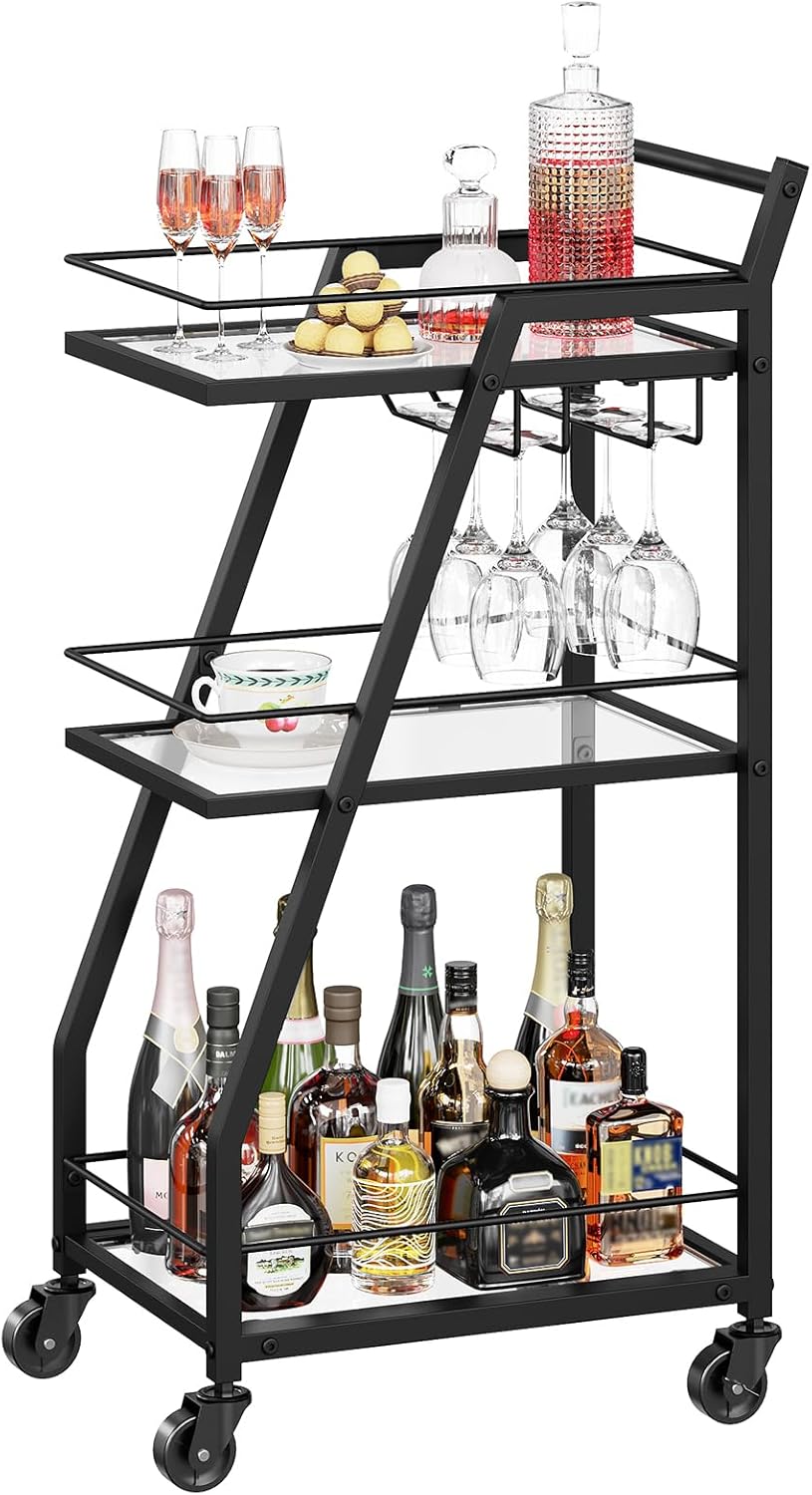 Bar Cart, Gold Bar Cart for The Home, Small Bar Cart on Wheels, Beverage Cart, Home Bar Serving Cart with Glass Holder, Drink Cart for Bar, Kitchen, Marble White and Gold BC03DW