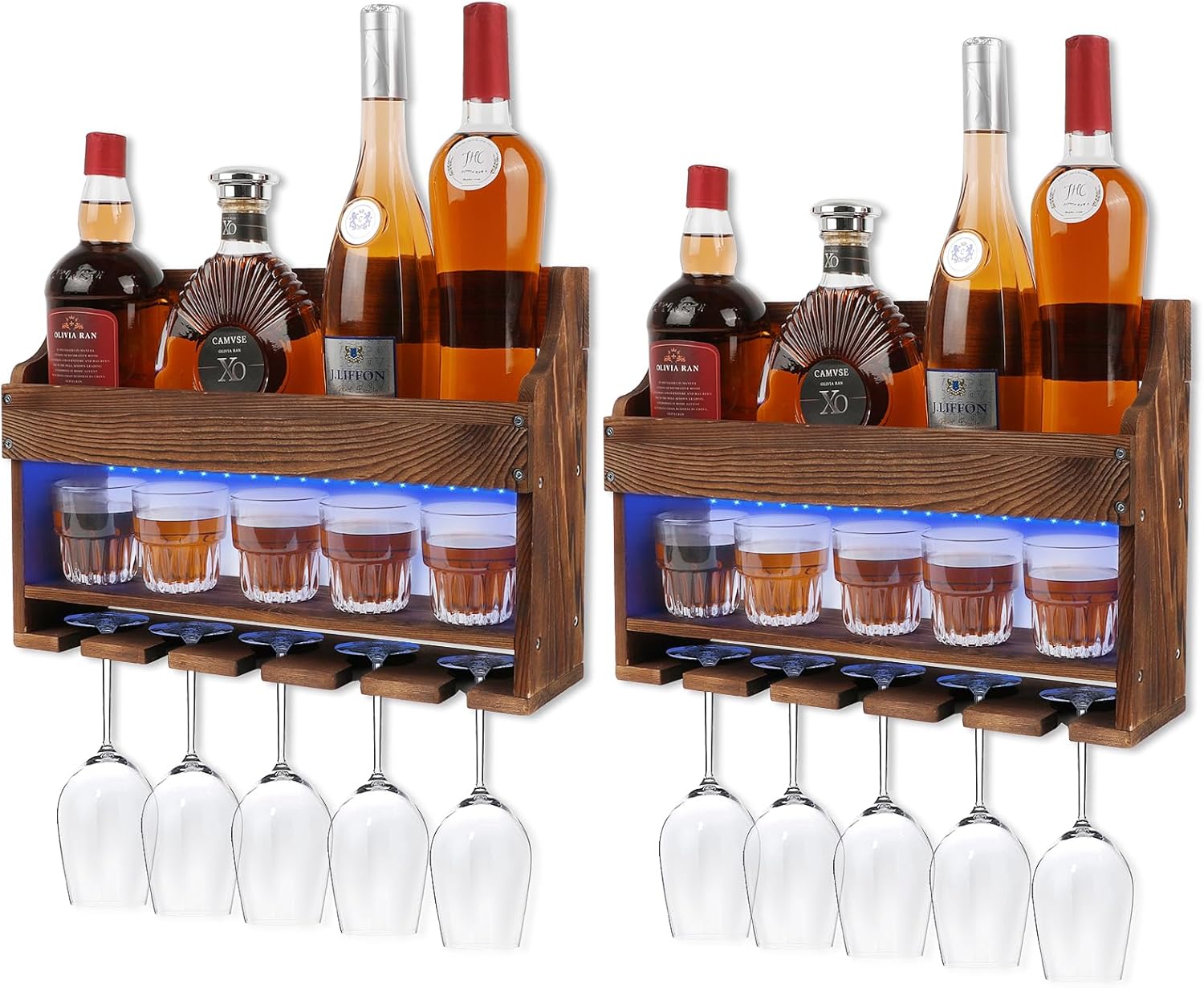 2 Pack Wooden Wine Rack Wall Mounted with LED Light, Wall Wine Rack, Bar Liquor Shelf, Wine Glass Holder Wall Mounted, Floating Bar Shelves for Kitchen, Dining Room, Home Bar