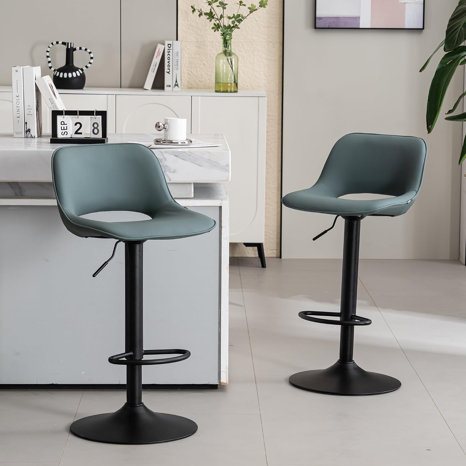 YOUNIKE Bar Stools Set of 2 Modern Swivel Barstools, Adjustable Counter Height Bar Stools Faux Leather Upholstered Counter Stools with Hollow Back for Kitchen Island, Greyish Green