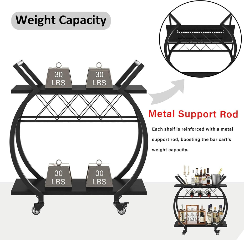 LVB Black Wine Cart with Wheels, Modern Bar Cart with Wine Rack, Industrial Beverage Rolling Kitchen Serving Cart with Storage, Metal Wooden Microwave Drink Liquor Cart for Home Dining Room, Black Oak