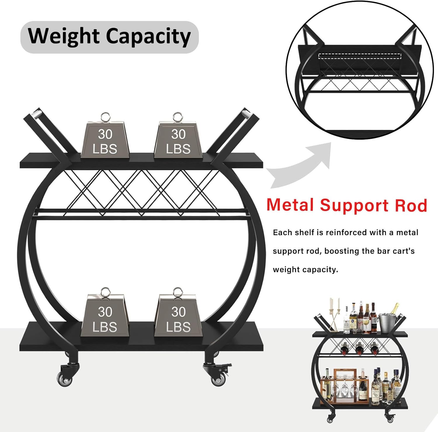 LVB Black Wine Cart with Wheels, Modern Bar Cart with Wine Rack, Industrial Beverage Rolling Kitchen Serving Cart with Storage, Metal Wooden Microwave Drink Liquor Cart for Home Dining Room, Black Oak