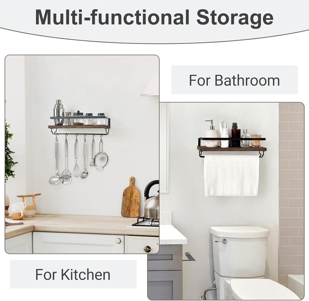 Mkono Wall Mounted Wine Rack Set of 2 Wood Rustic Wine Bottle Glass Floating Shelves with Stemware Hanger Modern Plants Photos Wine Display Storage Holder for Kitchen Dining Room Bar, 17 Inch