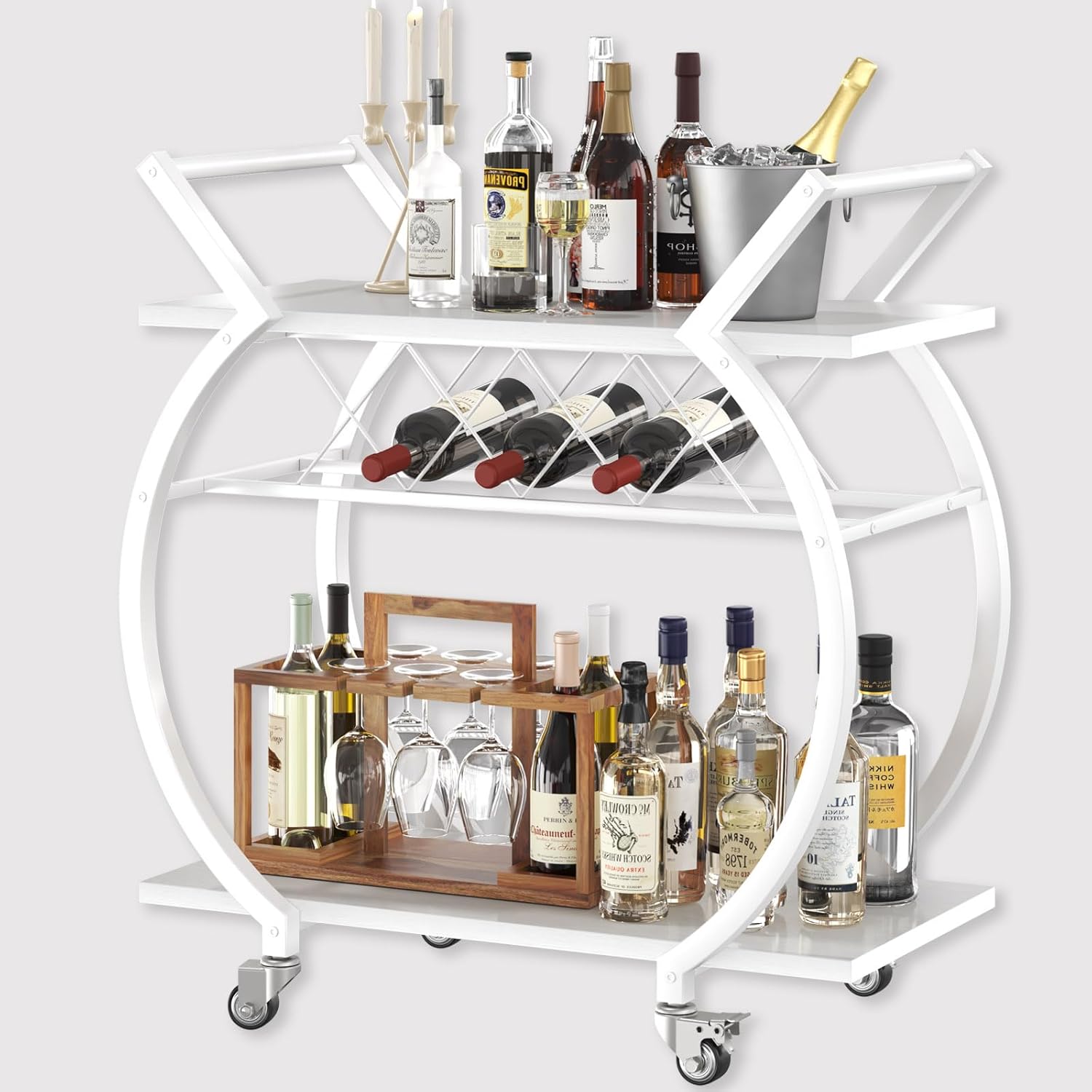 LVB Black Wine Cart with Wheels, Modern Bar Cart with Wine Rack, Industrial Beverage Rolling Kitchen Serving Cart with Storage, Metal Wooden Microwave Drink Liquor Cart for Home Dining Room, Black Oak
