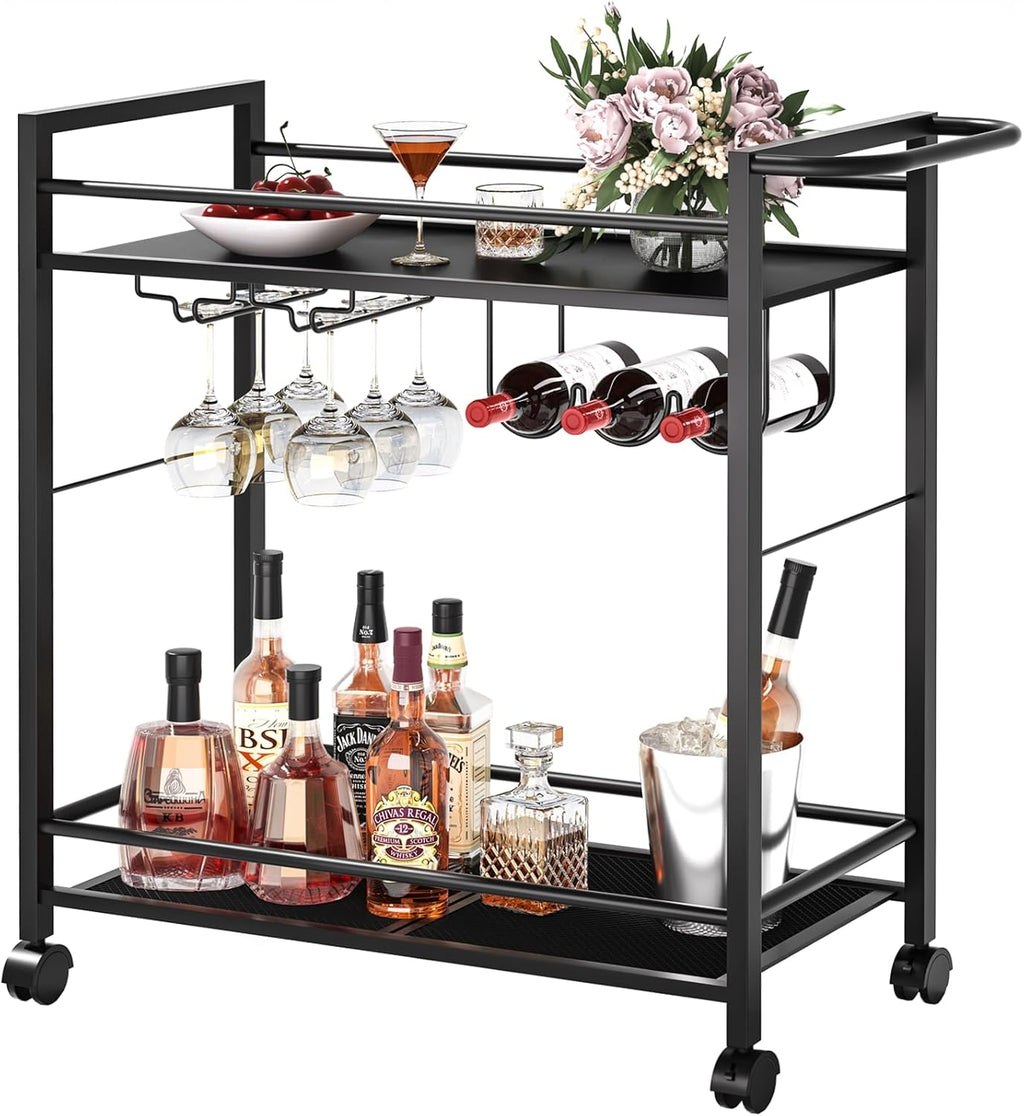 Bar Cart,Home Bar Serving Cart with Storage Shelves, 2 Tier Rolling Beverage Cart with Wheels, Modern Wine Cart with Wine Rack and Glass Holder for Kitchen, Living Room,Dinning Room,Black
