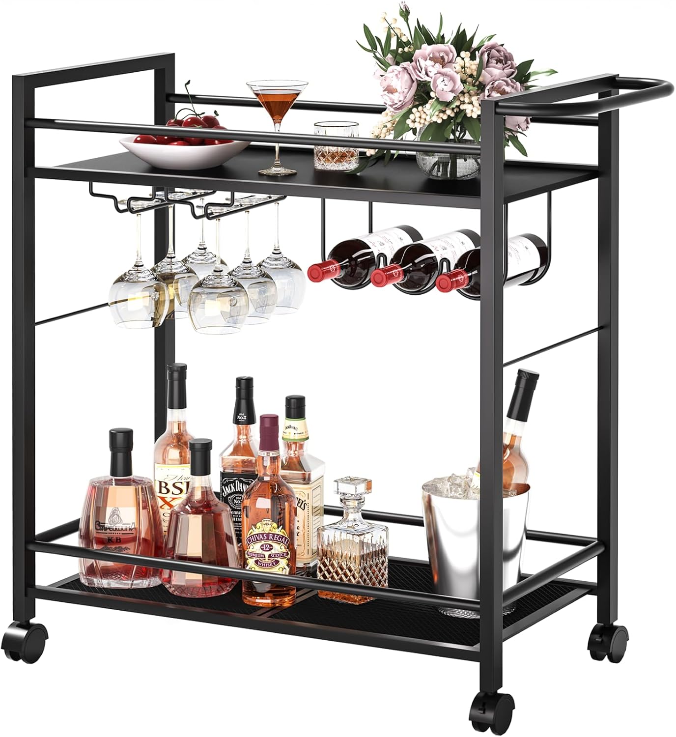 Bar Cart,Home Bar Serving Cart with Storage Shelves, 2 Tier Rolling Beverage Cart with Wheels, Modern Flowing Gold Wine Cart with Wine Rack and Glass Holder for Kitchen, Dinning Room,Living Room