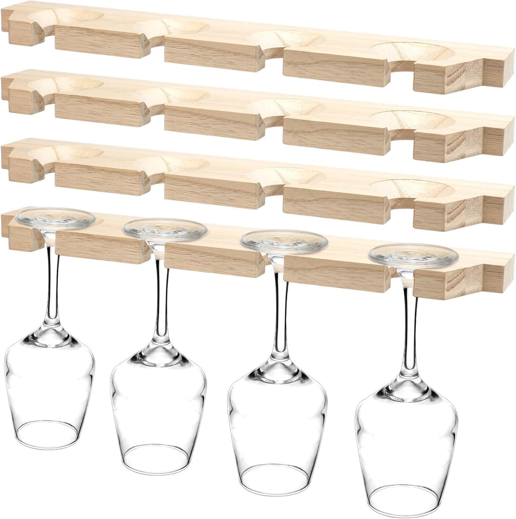 Ripeng 4 Pcs Wall Mounted Wood Stemware Rack Champagne Holder Rustic Wine Glass Hanging Shelf Wood Floating Glassware Wall Holder for Party Kitchen Bar Organizer 17 x 3 x 0. 8 Inch (Dark Brown)