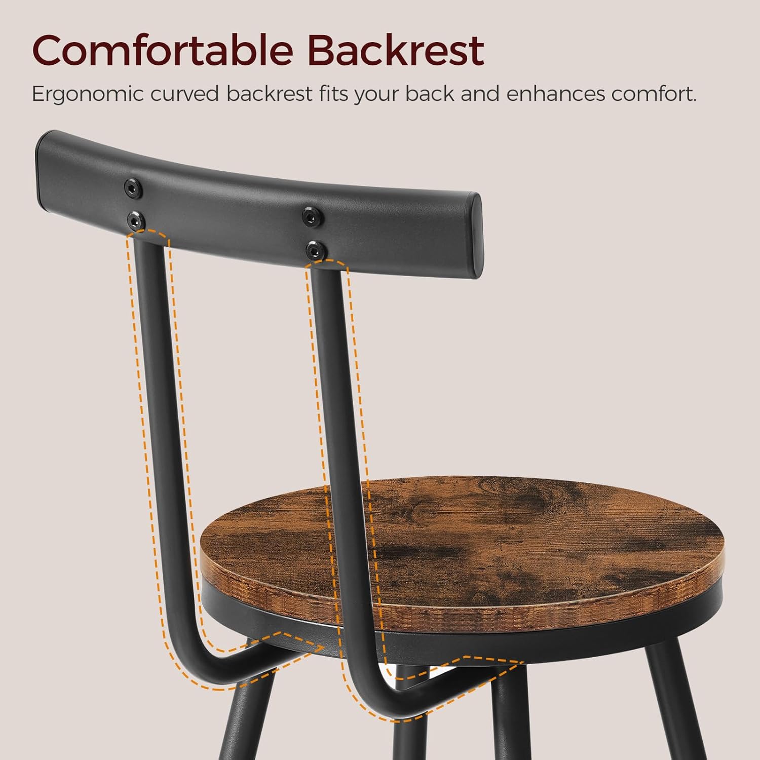 Bar Stools, Set of 2 Bar Chairs with Backrest and Footrest, 26" Tall Counter Stools, Metal Frame, Adjustable Feet, Easy Assembly, for Kitchen, Living Room, Pub, Rustic Brown BAHR6001