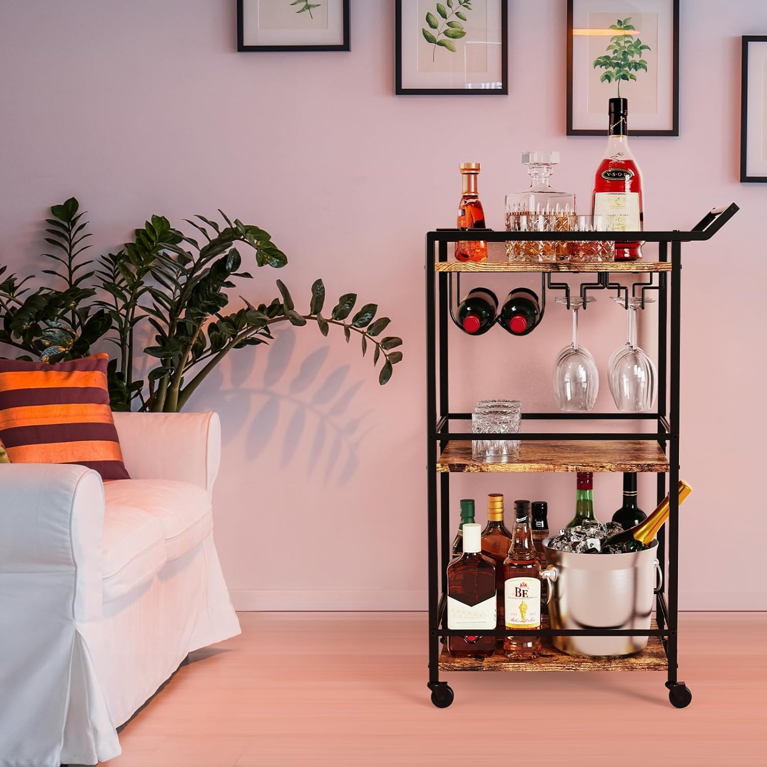 3 Tier Bar Cart, Mini Liquor Utility Cart for Wine Beverage Dinner Party, Rolling Wine Coffee Drink Serving Cart with Lockable Wheels for Home Kitchen Bars (Rustic Brown)