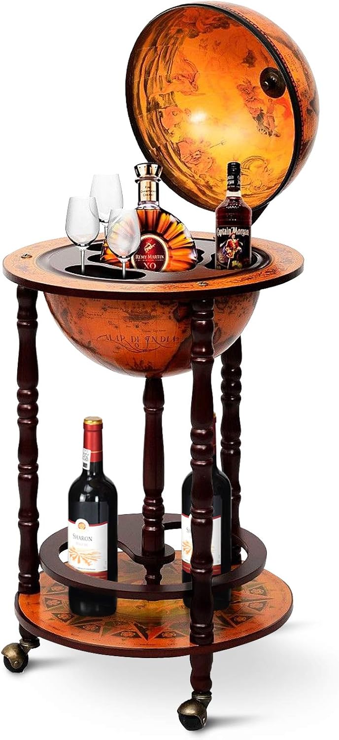 Goplus Globe Bar, 17.5” Globe Bar Liquor Cabinet with Wheels, Bottom Shelf, Old World Map, 16th Century Italian Replica Bar Globe, Retro Wine Stand, Globe Bar Cart for Dining Room Living Room Home