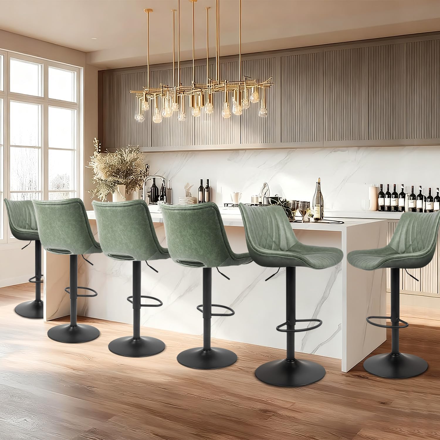 Bar Stools Set of 2, Adjustable Counter Height Bar Stools with Open Back and Footrest, Premium Faux PU Leather, Modern Upholstered Swivel Barstool for Kitchen Island, Bar,or Dining Room, Gray