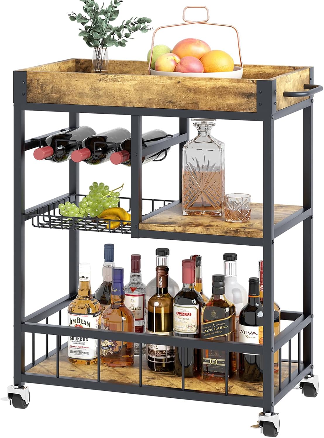 Bar Cart Serving Wine 3 Tier Home Rolling Rack with Wheels Mobile Kitchen Industrial Vintage Style Wood Metal Serving Trolley Serving Cart,Glass Holder Bar Cabinet