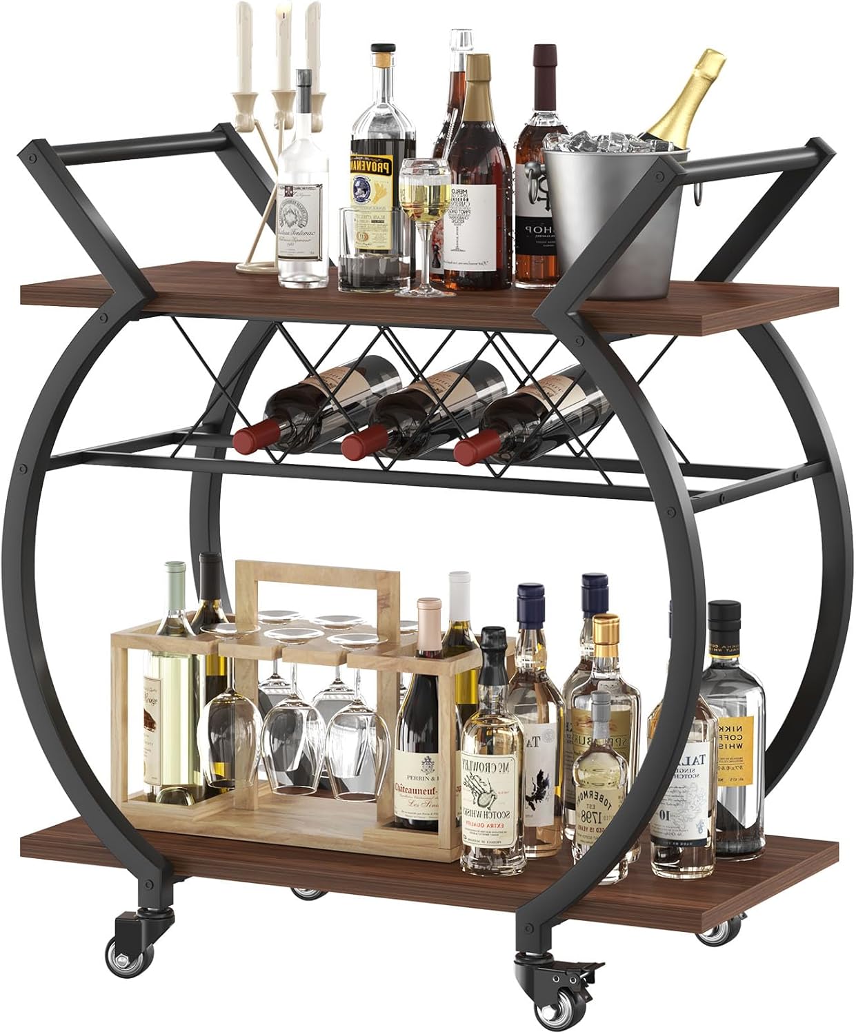 LVB Black Wine Cart with Wheels, Modern Bar Cart with Wine Rack, Industrial Beverage Rolling Kitchen Serving Cart with Storage, Metal Wooden Microwave Drink Liquor Cart for Home Dining Room, Black Oak